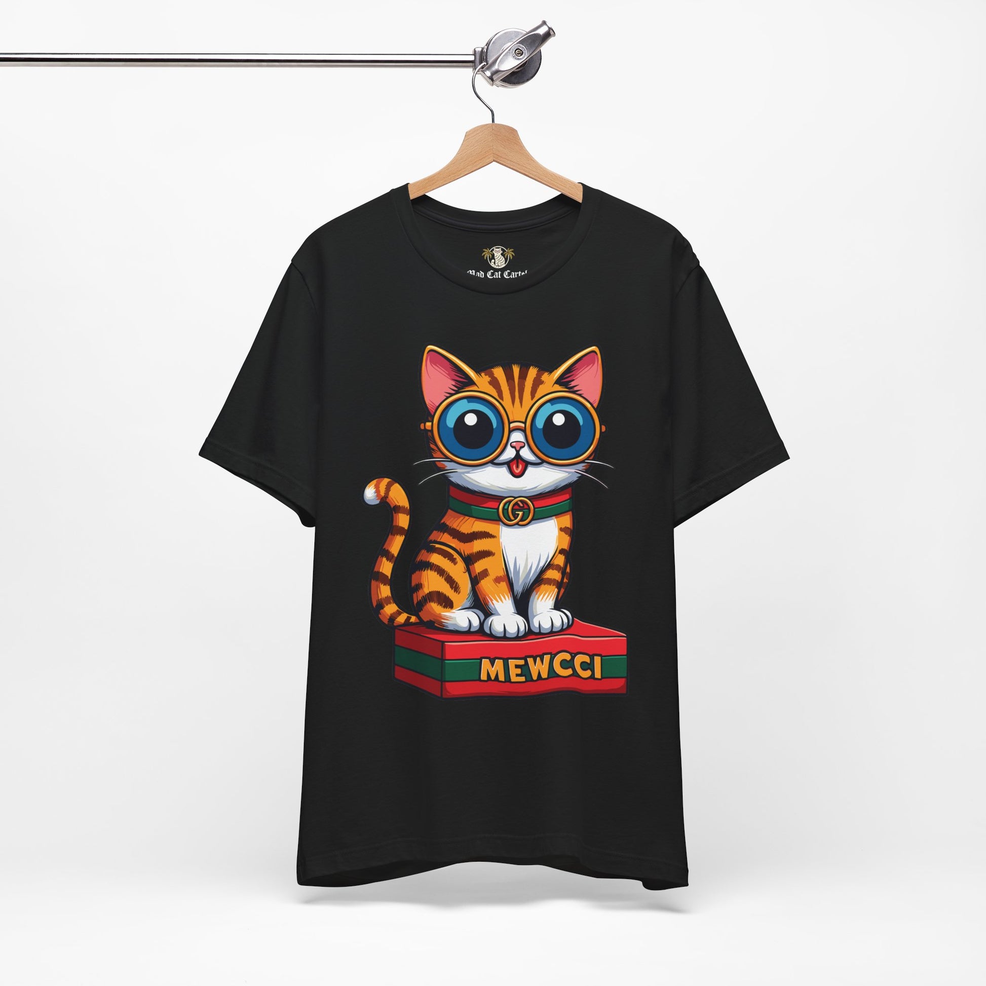 Black Mewcci Iconic Box Cat Graphic T-Shirt hanging – t shirts for cat lovers