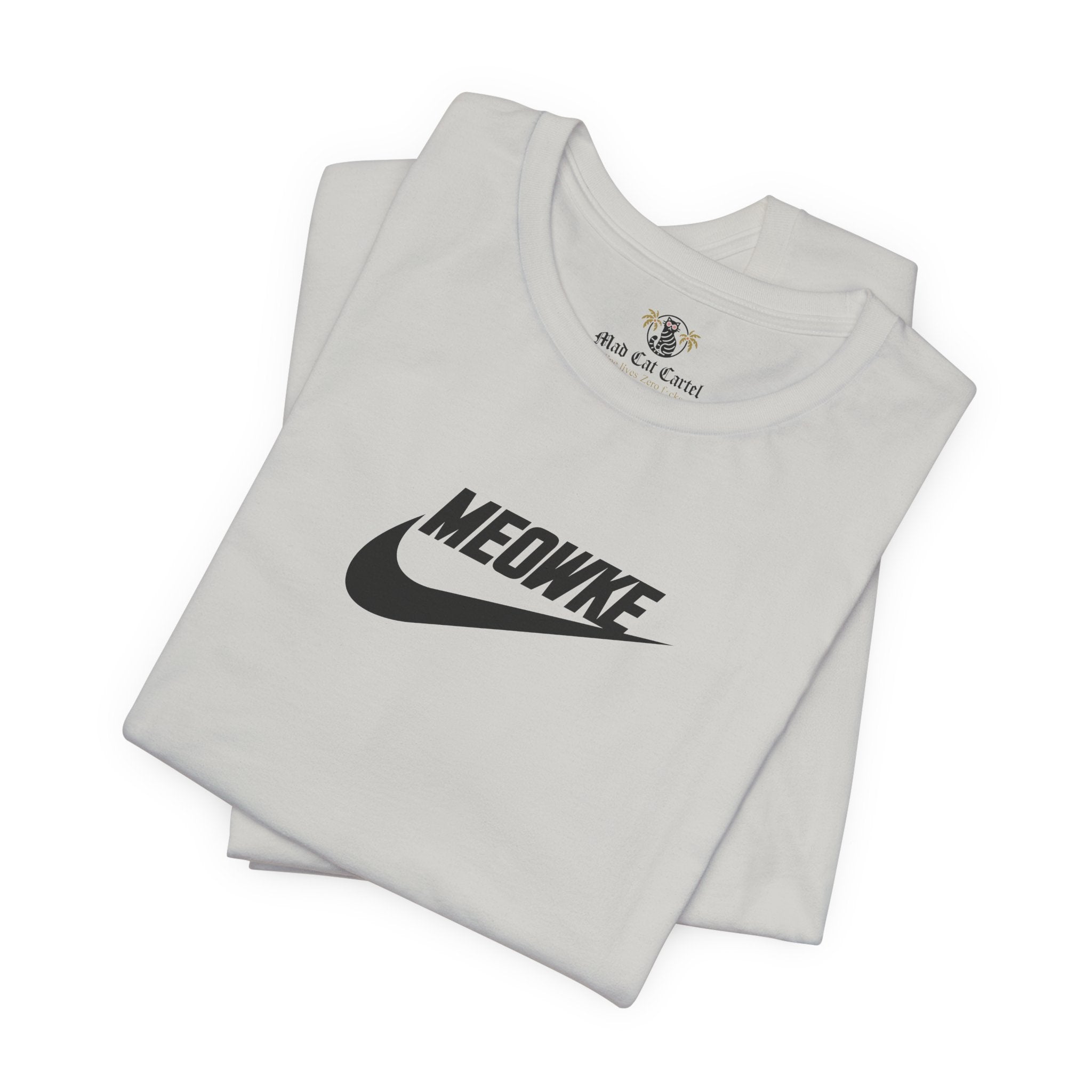 Cat t shirt for men and women – silver unisex tees folded, black Meowke chest swoosh logo