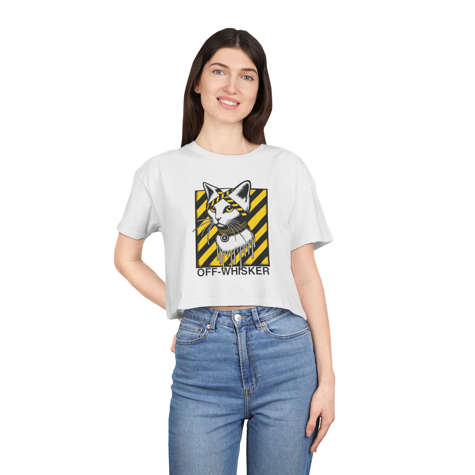 Cat theme tee, model wearing Off-Whisker white crop top front view