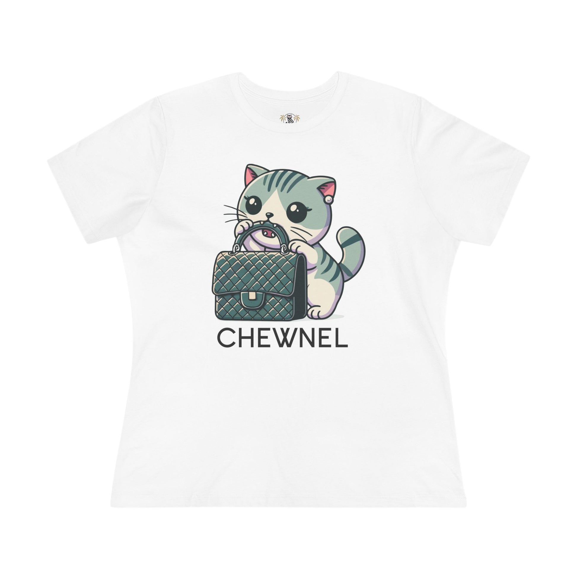 Chewnel Purse Snatcher cat graphic women’s t-shirt, funny designer parody couture cat tee by Mad Cat Cartel