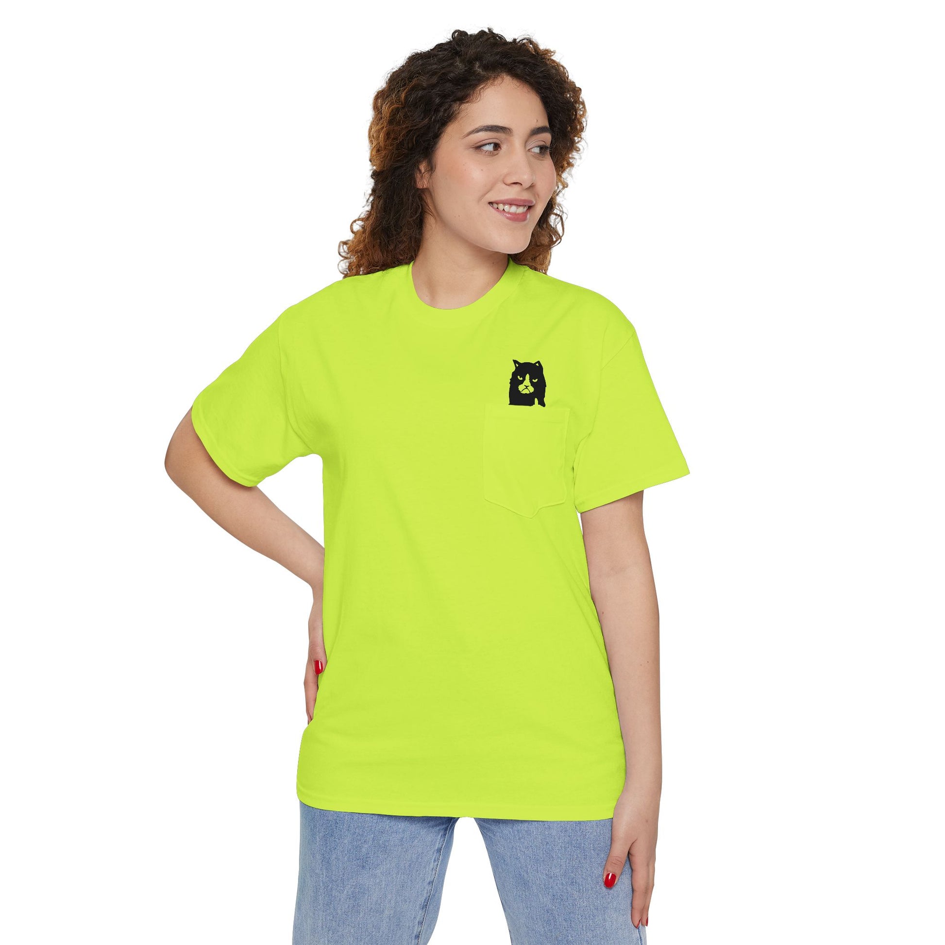 Safety Green A Bathing Cat Mini Logo Pocket Graphic T-Shirt woman model back view cat lover shirt