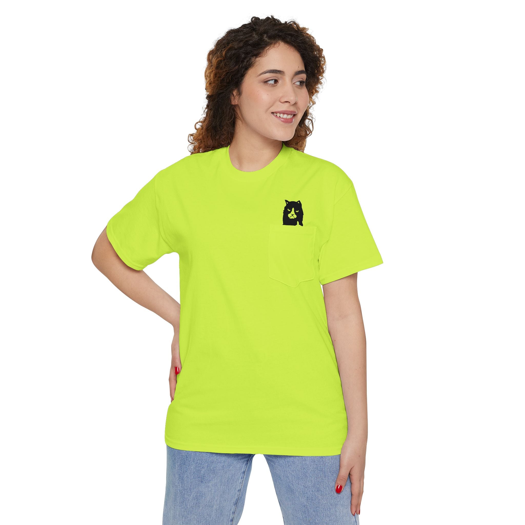 Safety Green A Bathing Cat Mini Logo Pocket Graphic T-Shirt woman model back view cat lover shirt