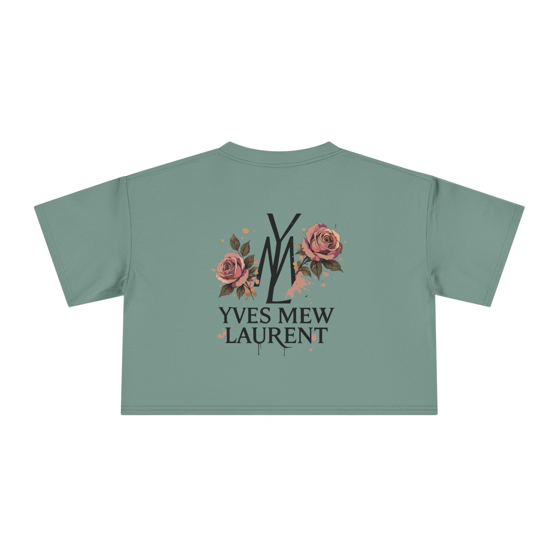back view of Yves Mew Laurent sage green crop top, logo with floral accents