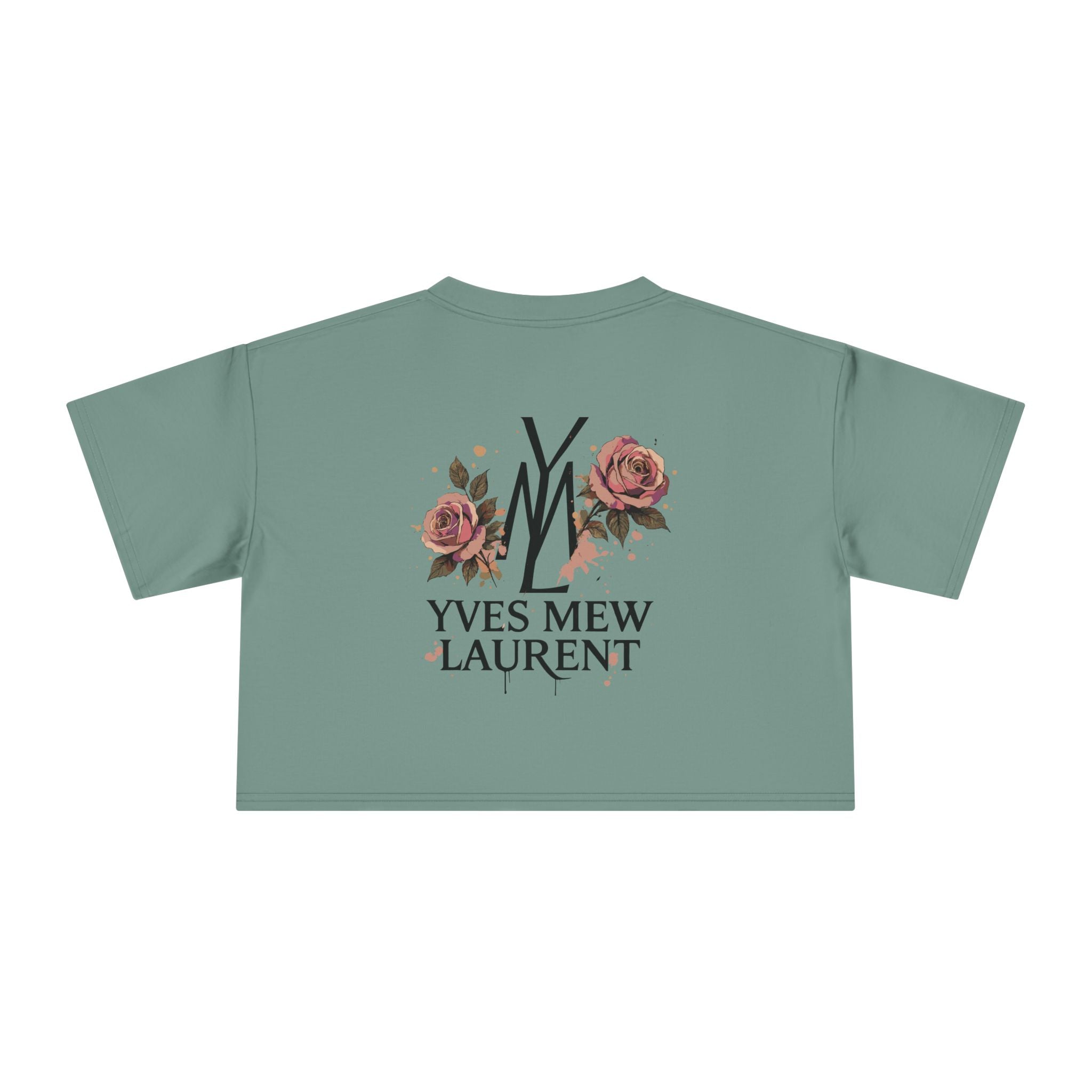 back view of Yves Mew Laurent sage green crop top, logo with floral accents