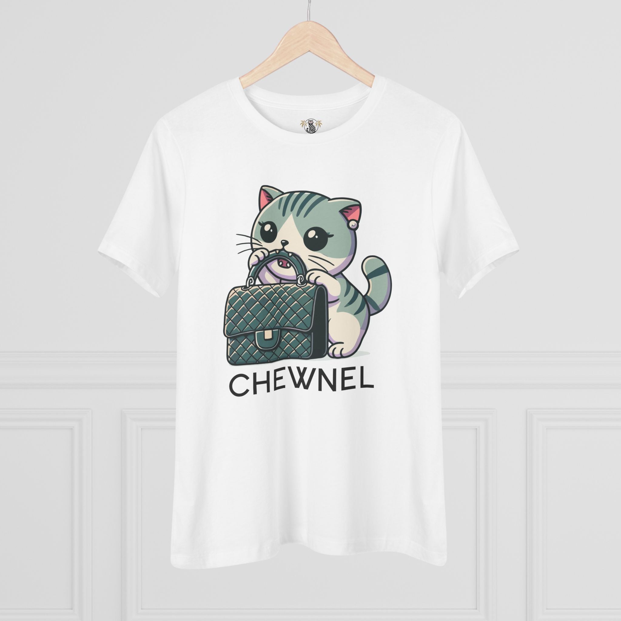 White Chewnel graphic tee hanging display cute cat shirts