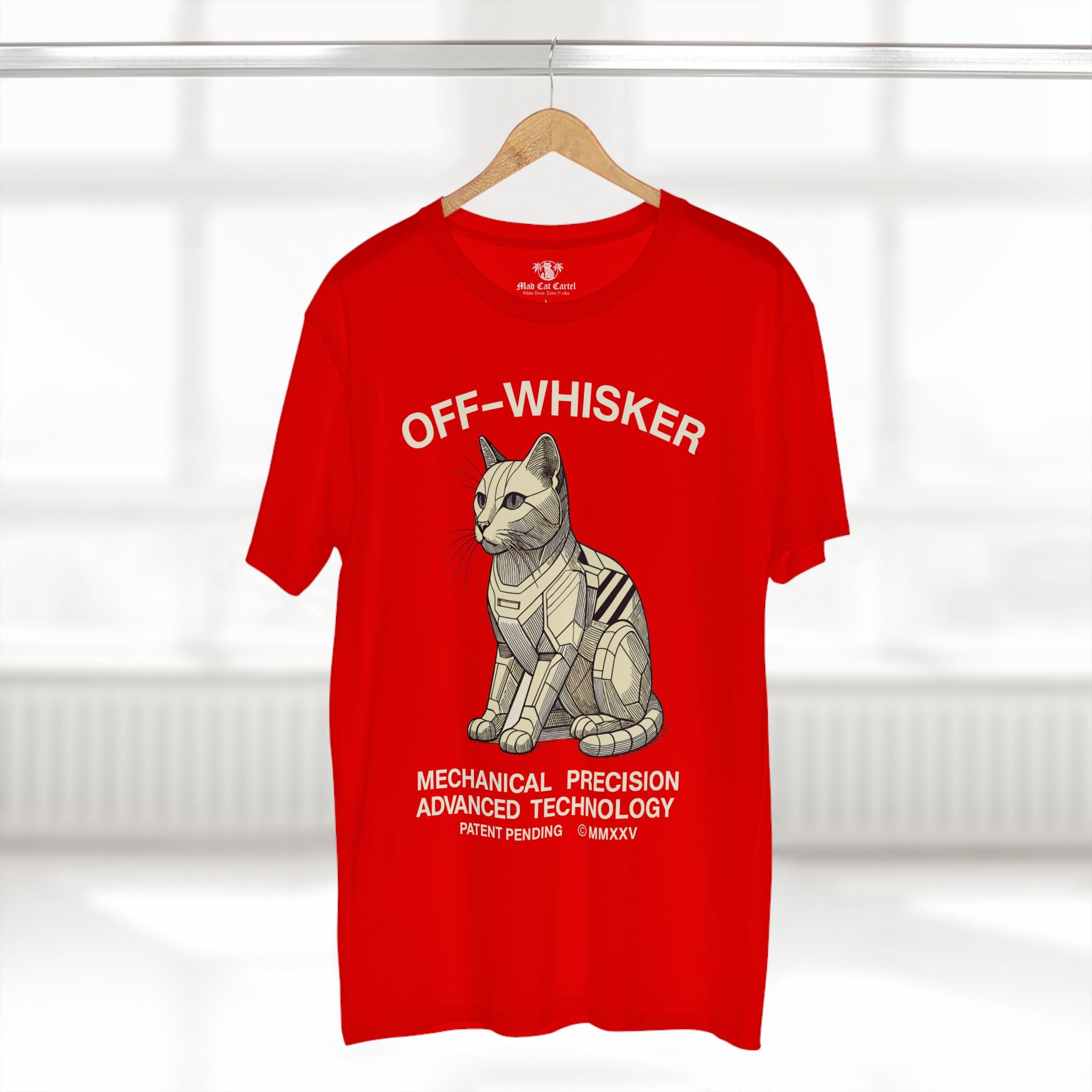Red Off-Whisker Gen-01 Mech Cat t-shirt on hanger – cat graphic tee, unisex casual wear