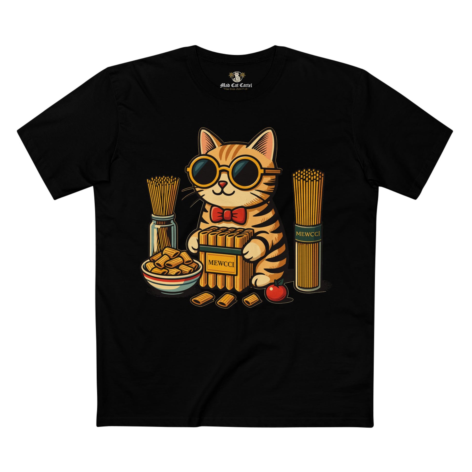 Front view of Mewcci Pasta Chef Cat Graphic T Shirt in Black – cat chef graphic tee