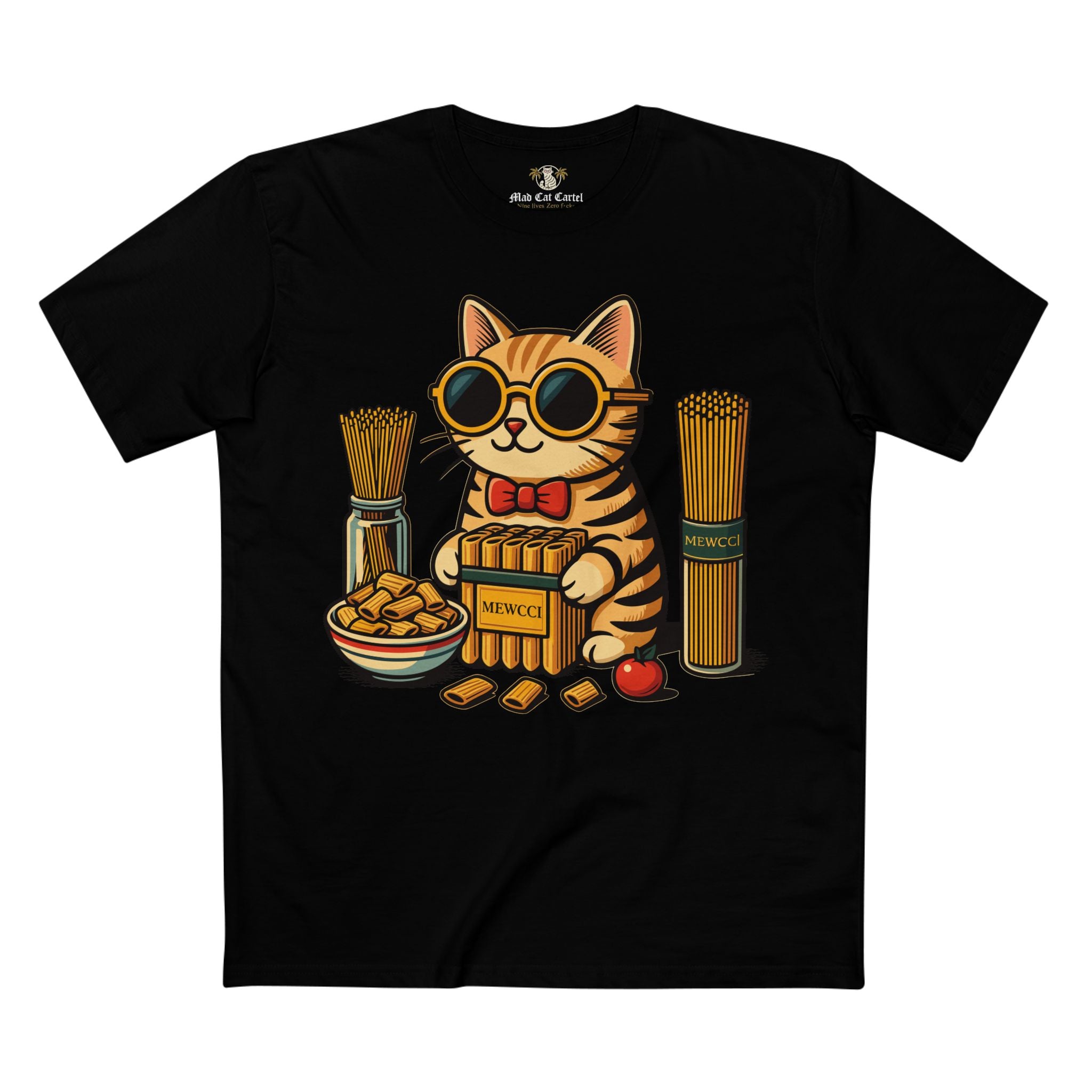 Front view of Mewcci Pasta Chef Cat Graphic T Shirt in Black – cat chef graphic tee