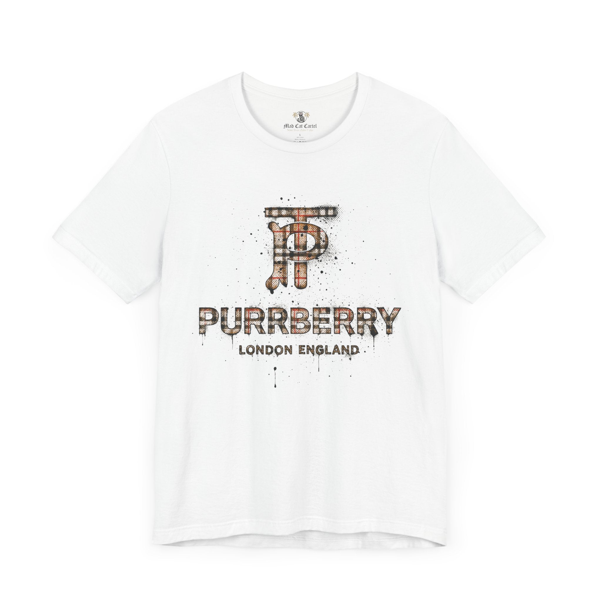 purrberry london heritage spray cat graphic t shirt white front view cat shirt for women