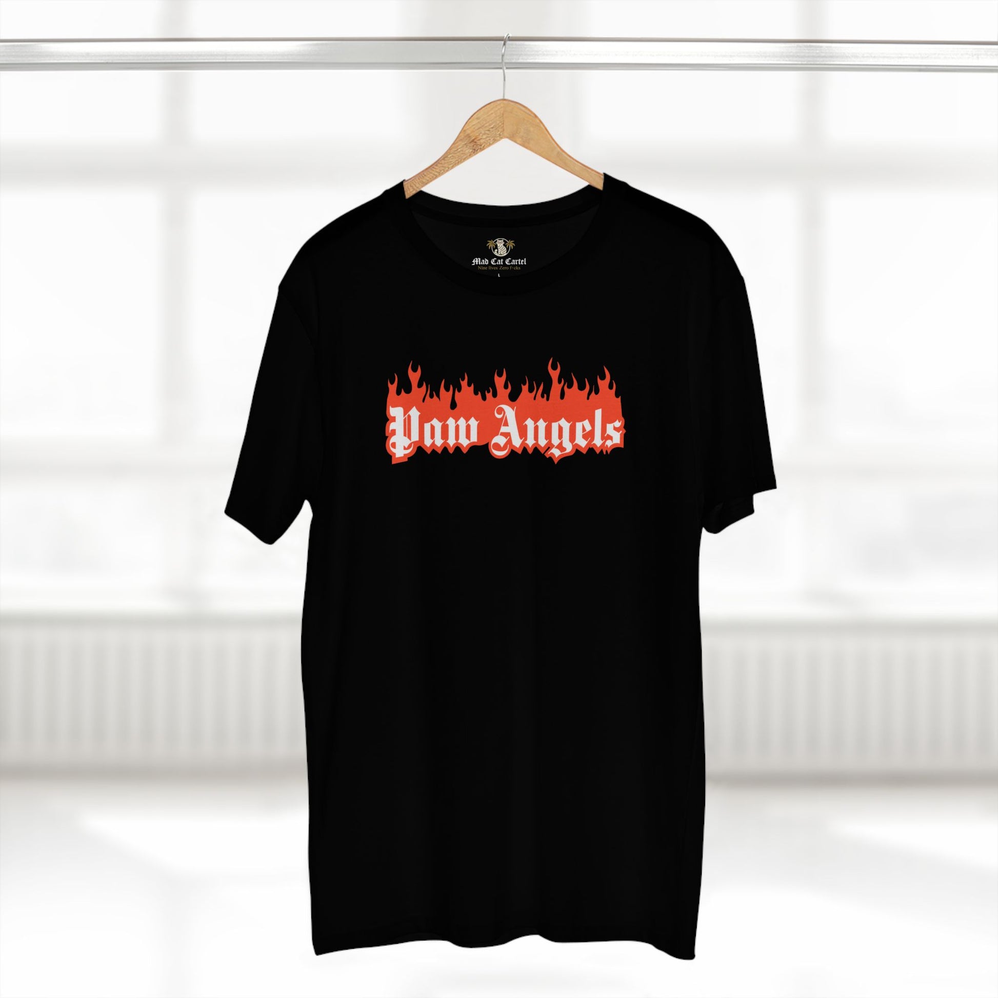 Black Paw Angels Paradise Inferno cat graphic unisex t shirt on hanger – gift ideas for cat owners