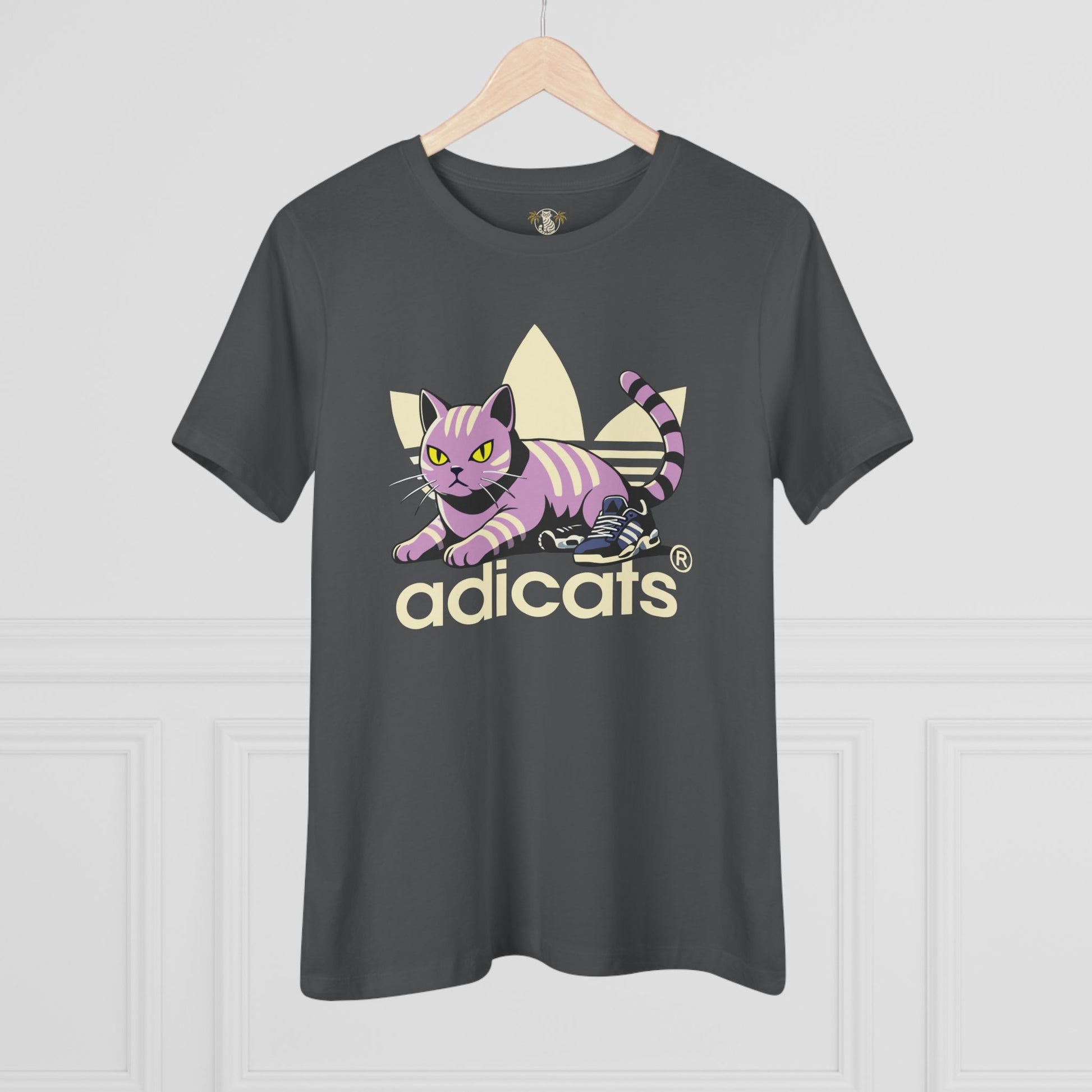 Asphalt gray cat shirts for women hanging front display
