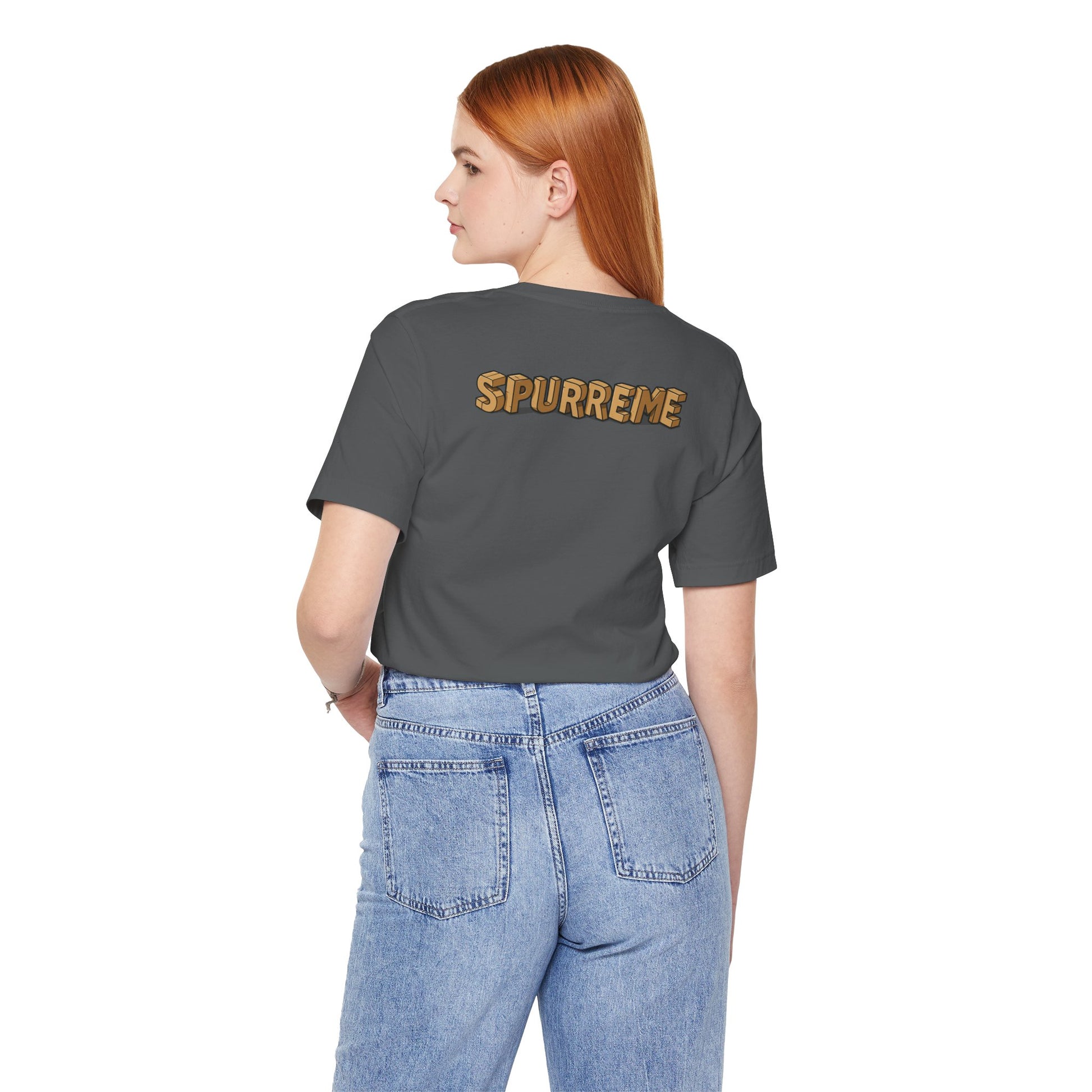 Asphalt gray t shirt on female model back logo ladies cat t shirt