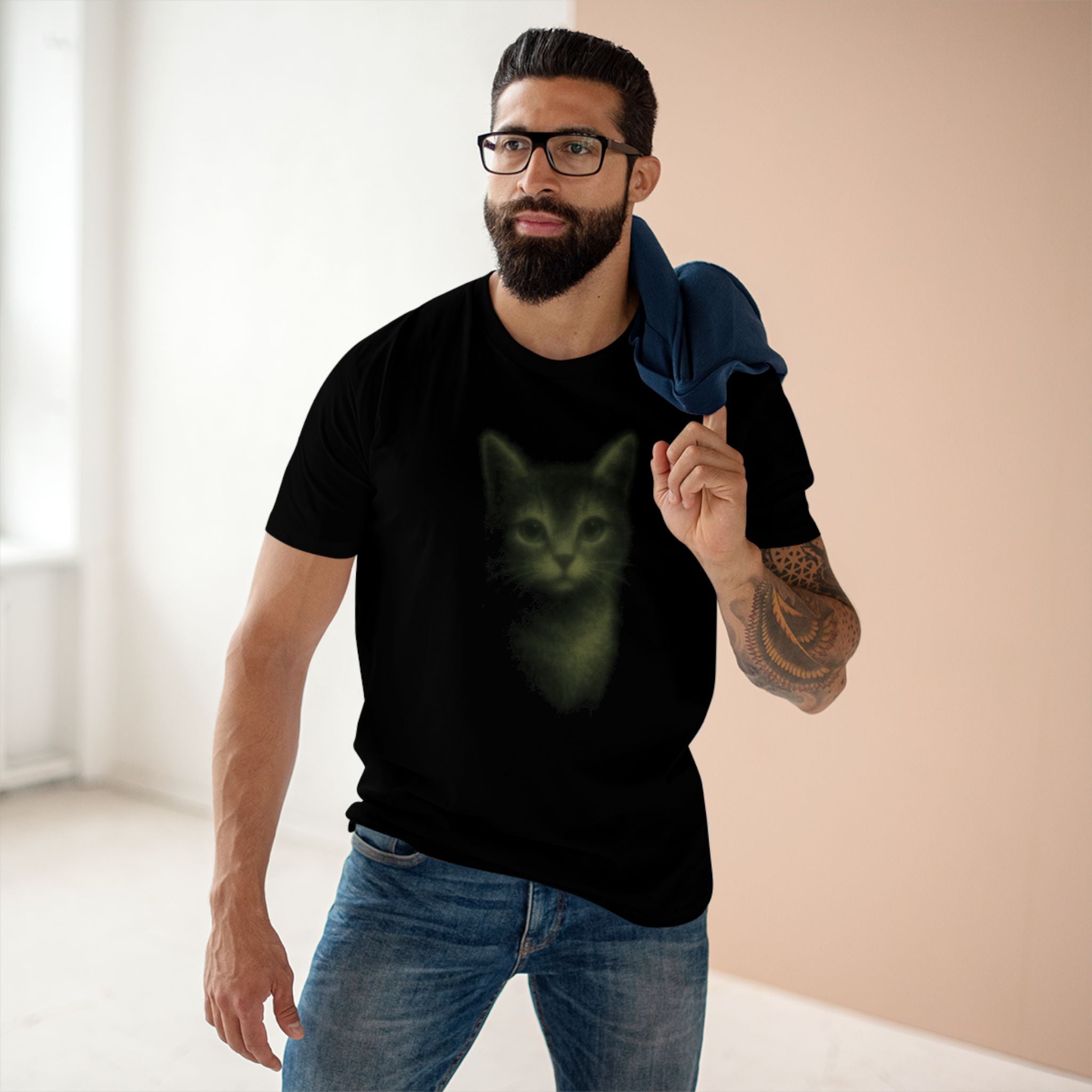 Cool shirts for men black t shirt with pink aura cat print worn by model