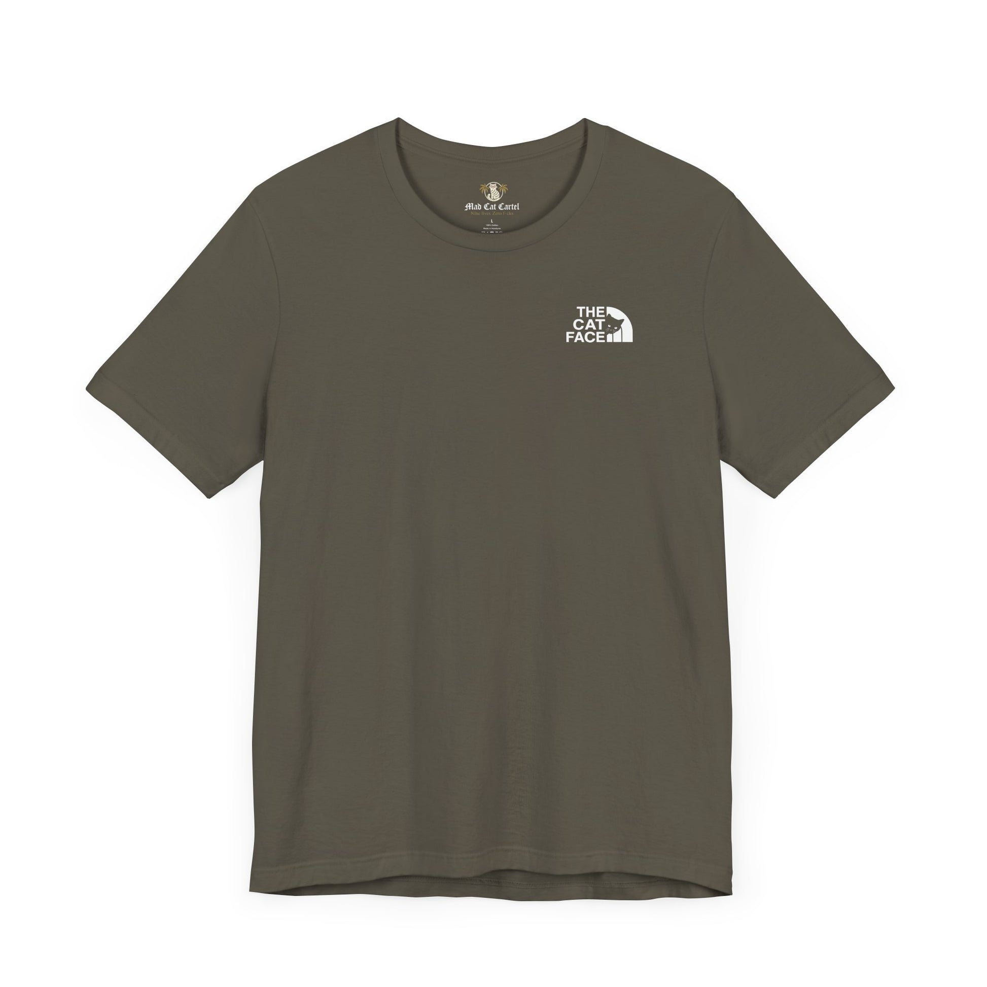 The Cat Face Classic Mini Chest Logo T-Shirt Army – parody t shirts front view