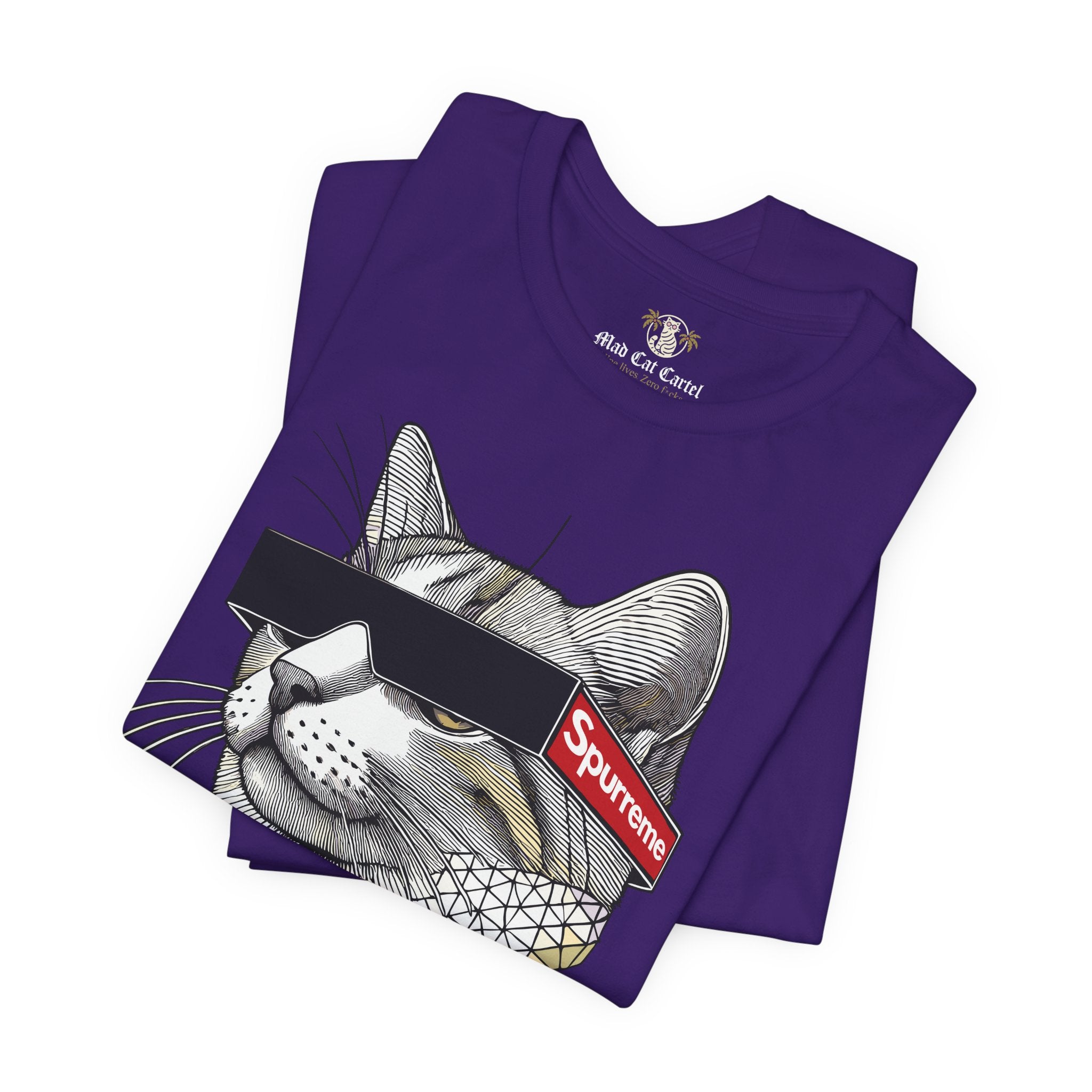 Spurreme Triangular Vision Cat Graphic T Shirt in Team Purple folded pair, cat mens t shirt