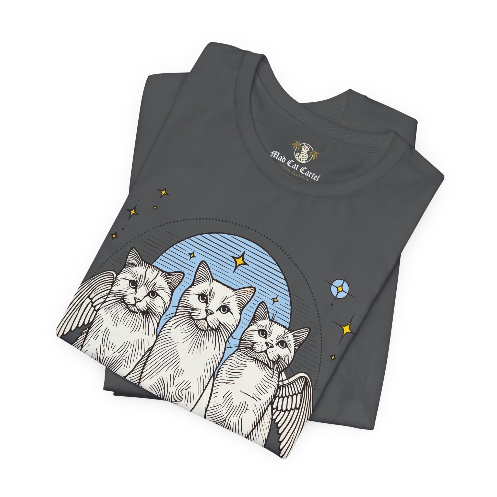 Folded Asphalt gray Paw Angels Holy Trinity t shirts – gifts for cat lovers