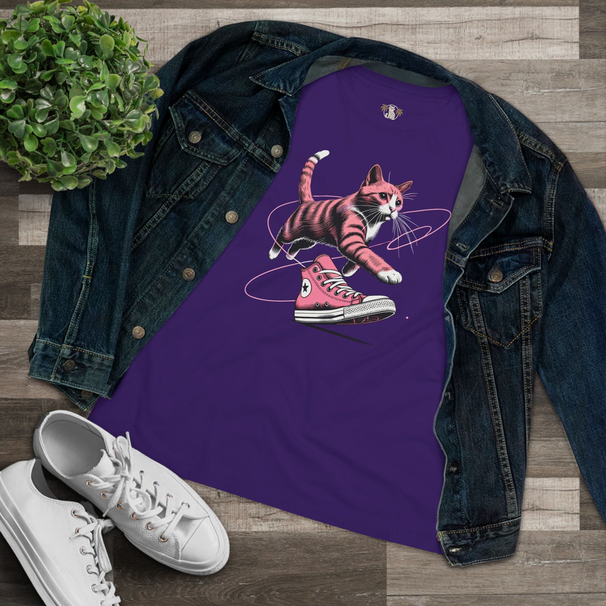 Purple Catverse Apex Kick women’s tee folded flat with denim jacket, funny t shirts women women's clothing, cat shirts for women