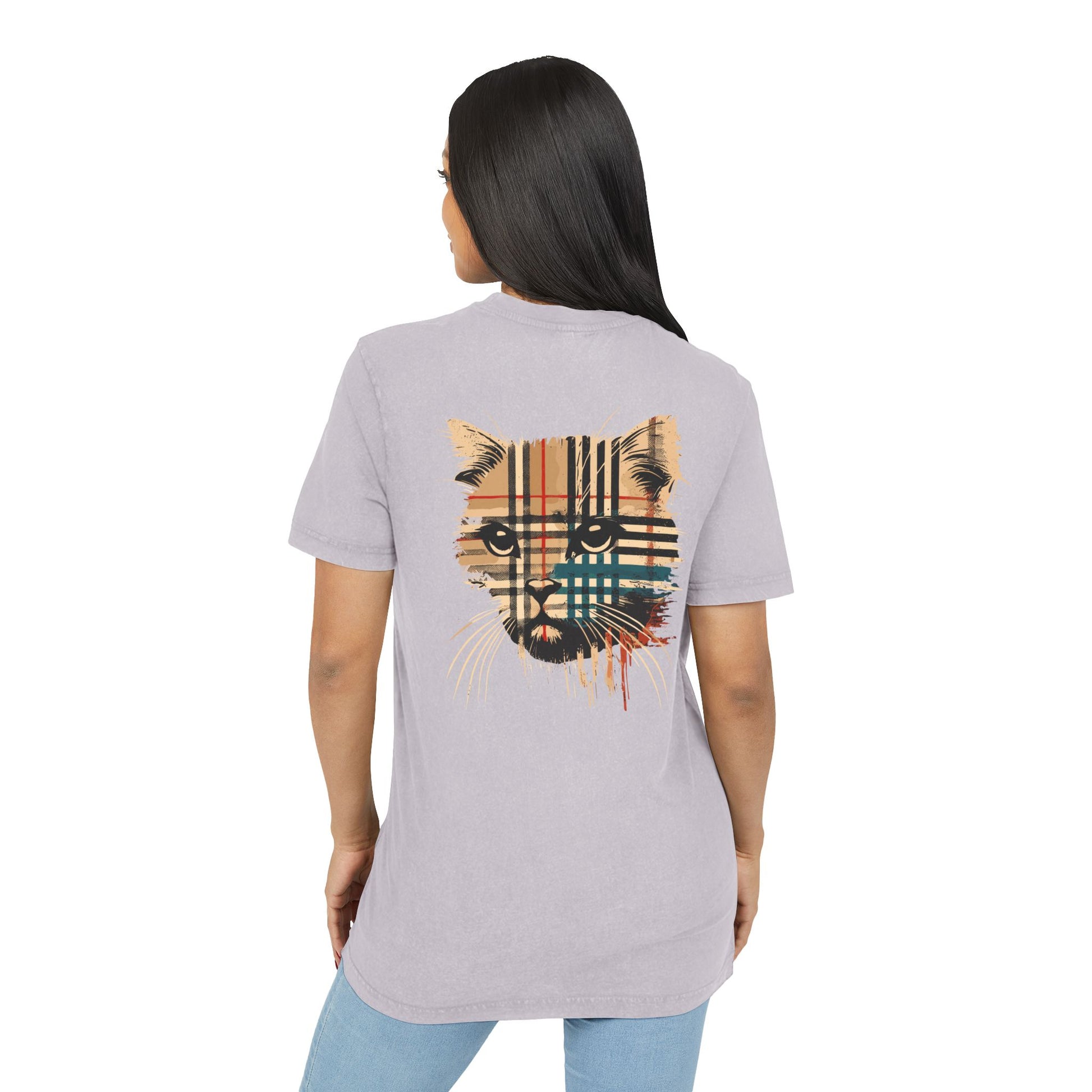 Female model back view wearing Purrberry London Spray Crest Soft Lilac Cat Graphic T Shirt, cat t shirts for women