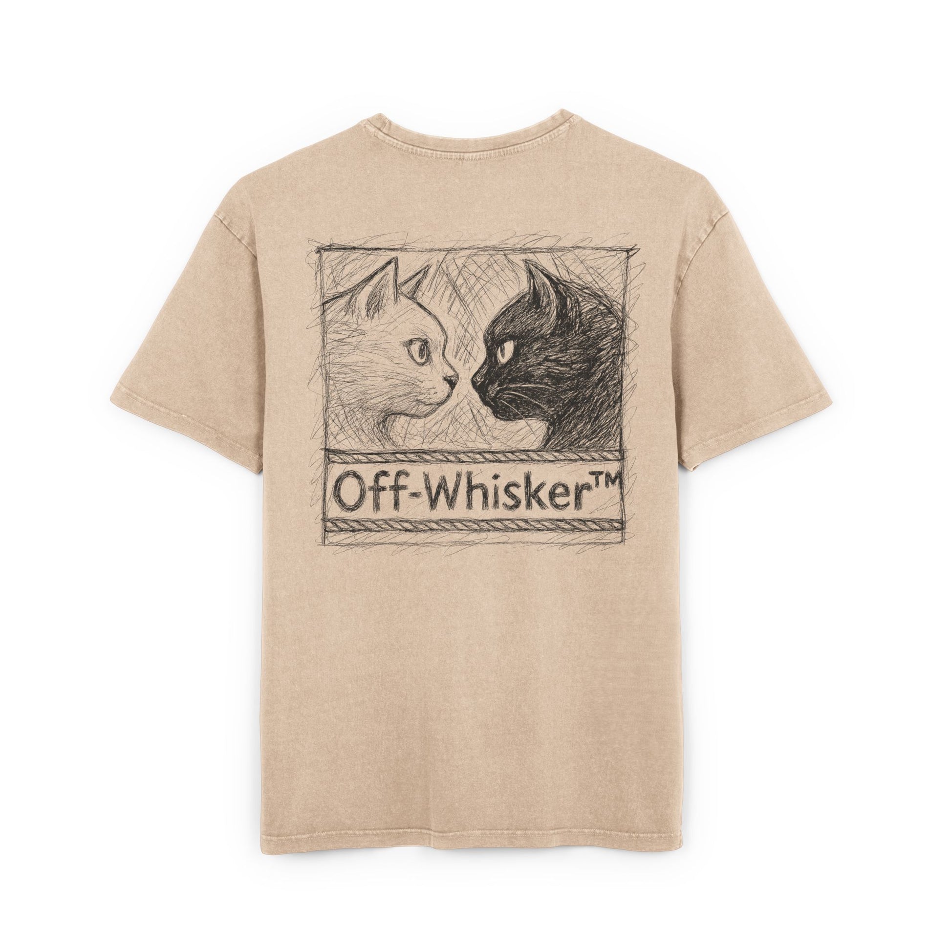 Off-Whisker Cat Knockout Acid Washed Oversized T-Shirt Union Beige, back sketch detail with cats facing off