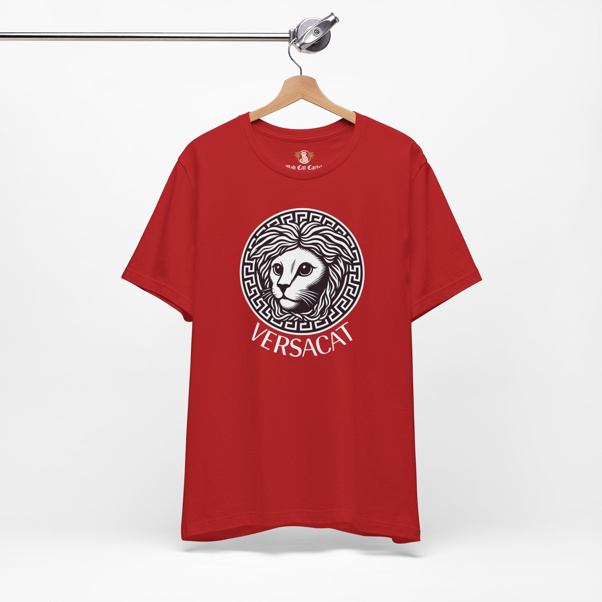Red Versacat Medusa cat t shirt on hanger