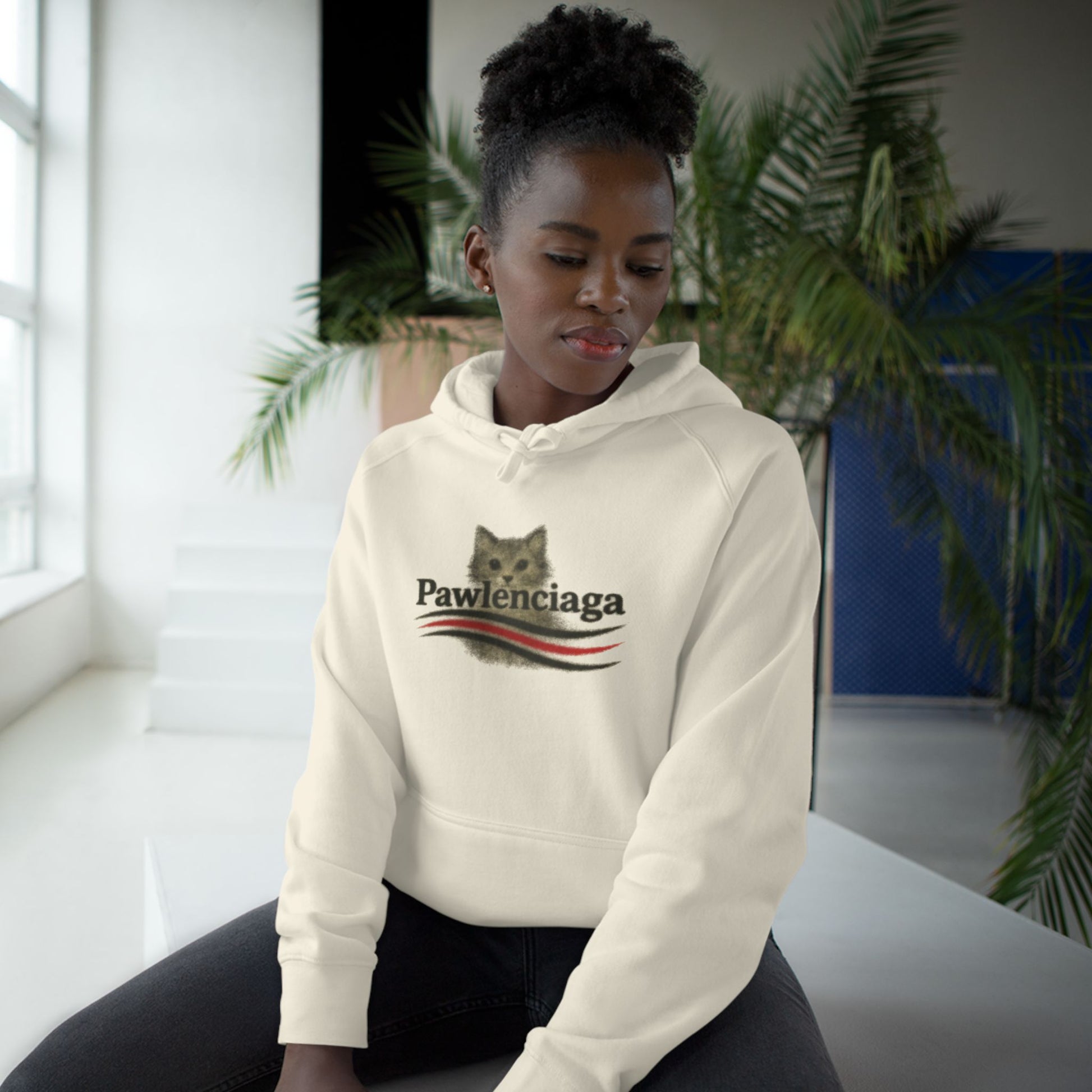 Woman wearing Pawlenciaga Airbrush Cat Logo Ecru Hoodie, ecru cat lover hoodie