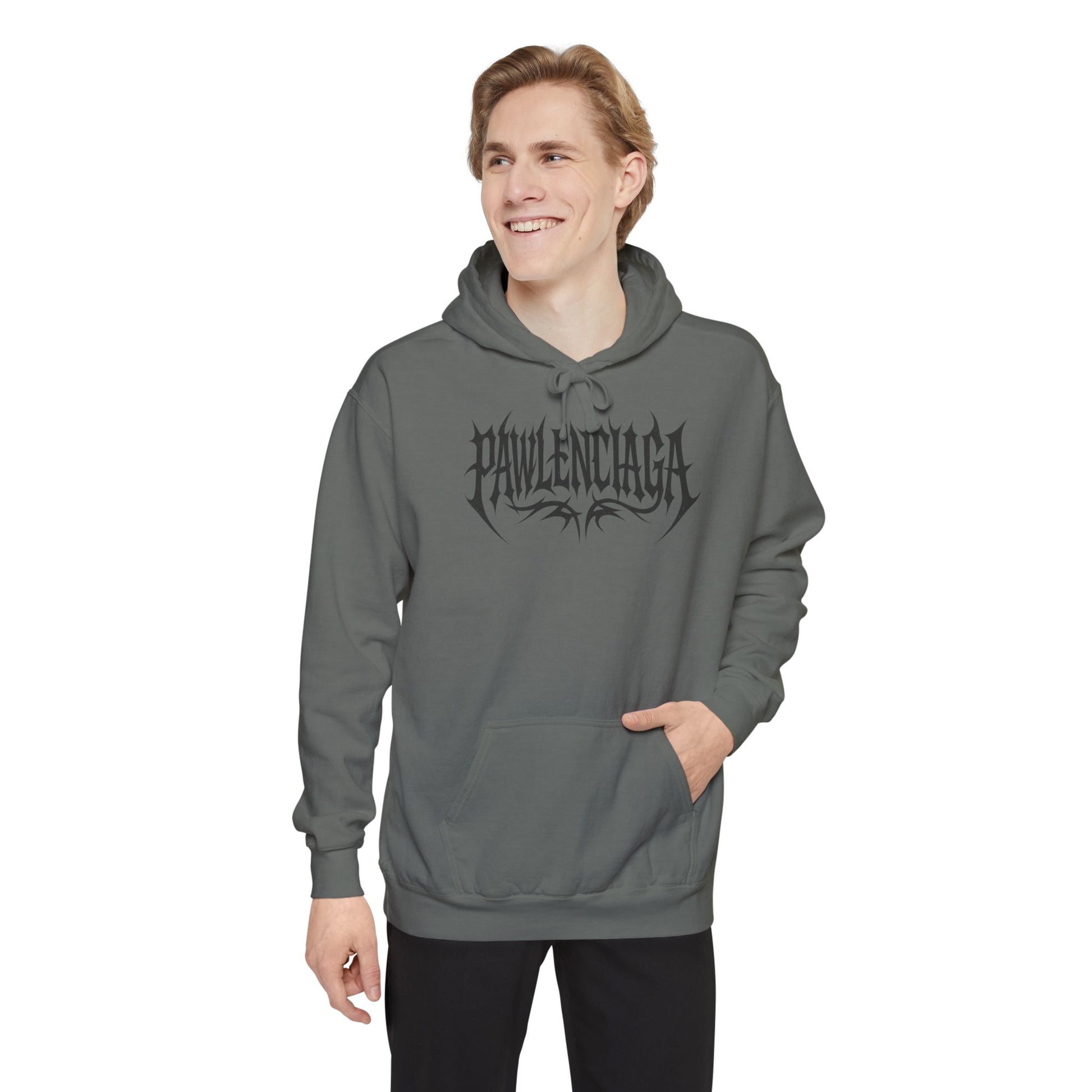 Man modeling Pawlenciaga Grey Hoodie, gifts for cat lovers