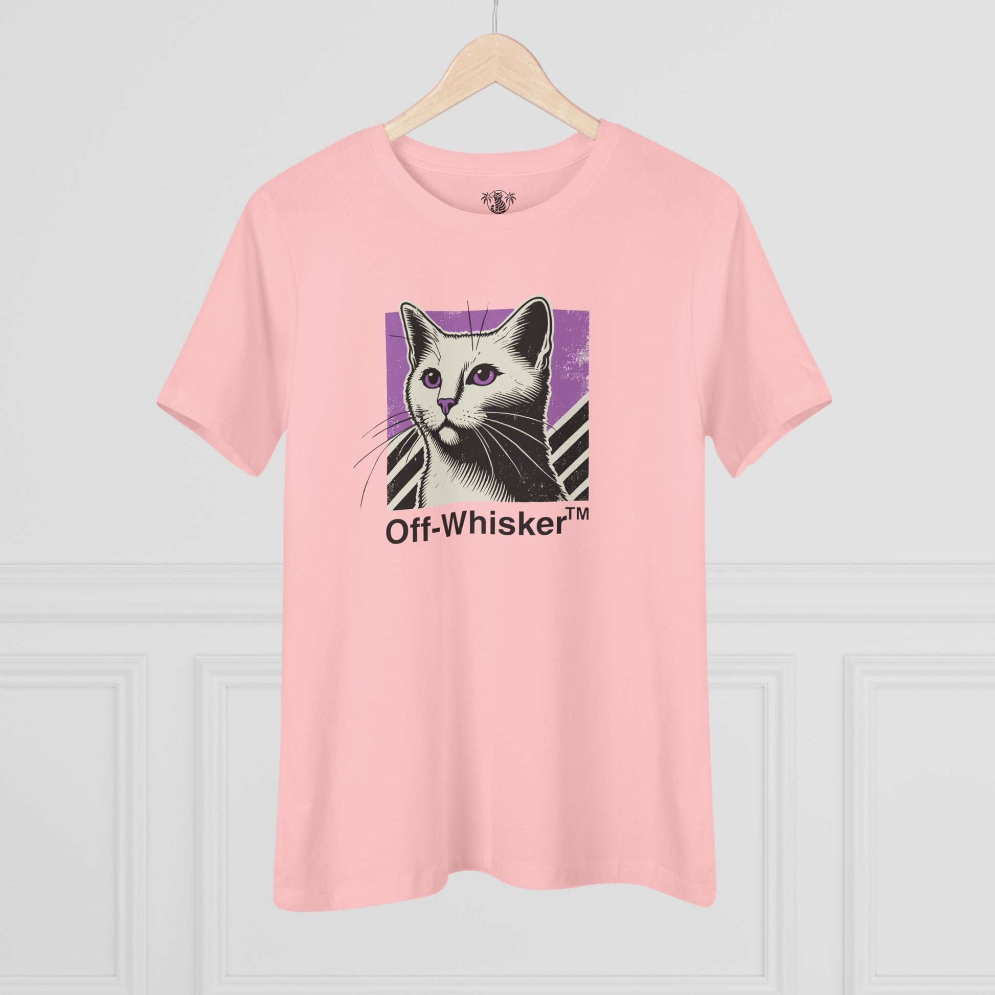Pink Off-Whisker Purple Vision womens cat t shirt on hanger, funny t shirts for women