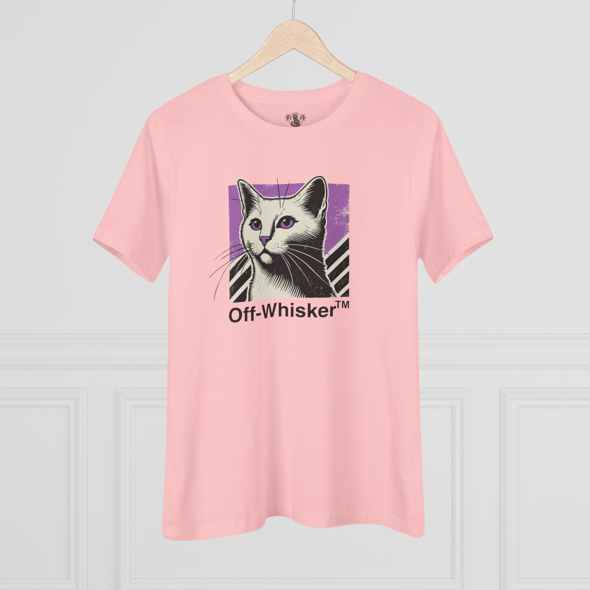 Pink Off-Whisker Purple Vision womens cat t shirt on hanger, funny t shirts for women