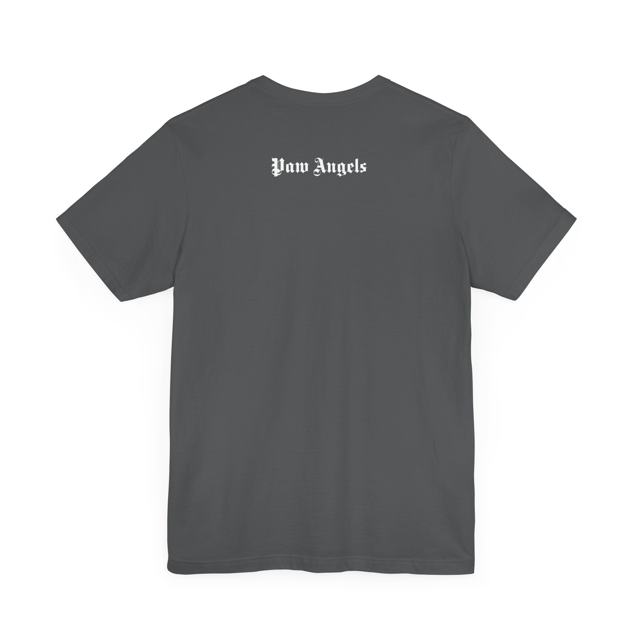 Asphalt t shirt back view with “Paw Angels” script – men’s cat shirt