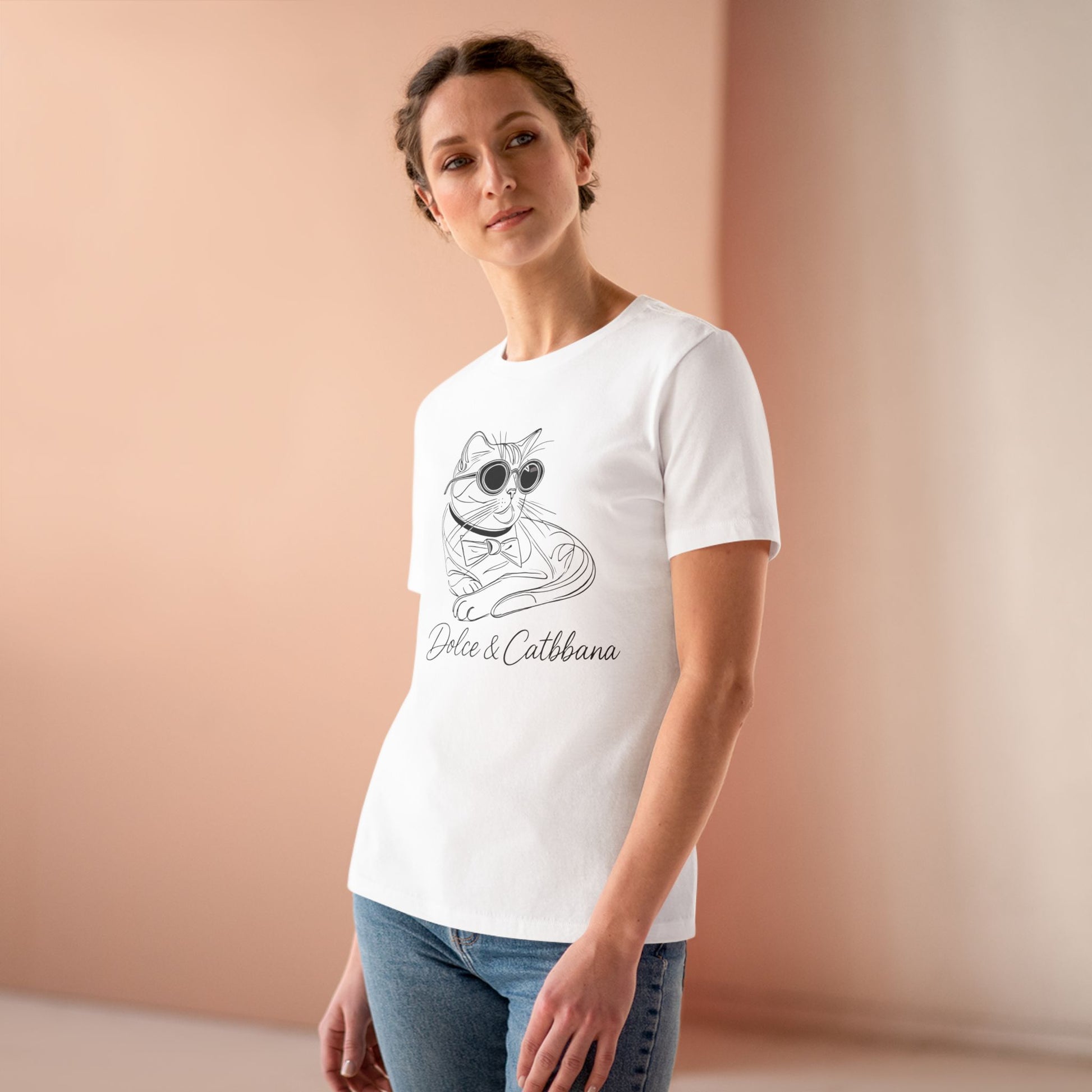 Model wearing white Dolce & Catbbana sketch cat lady tee