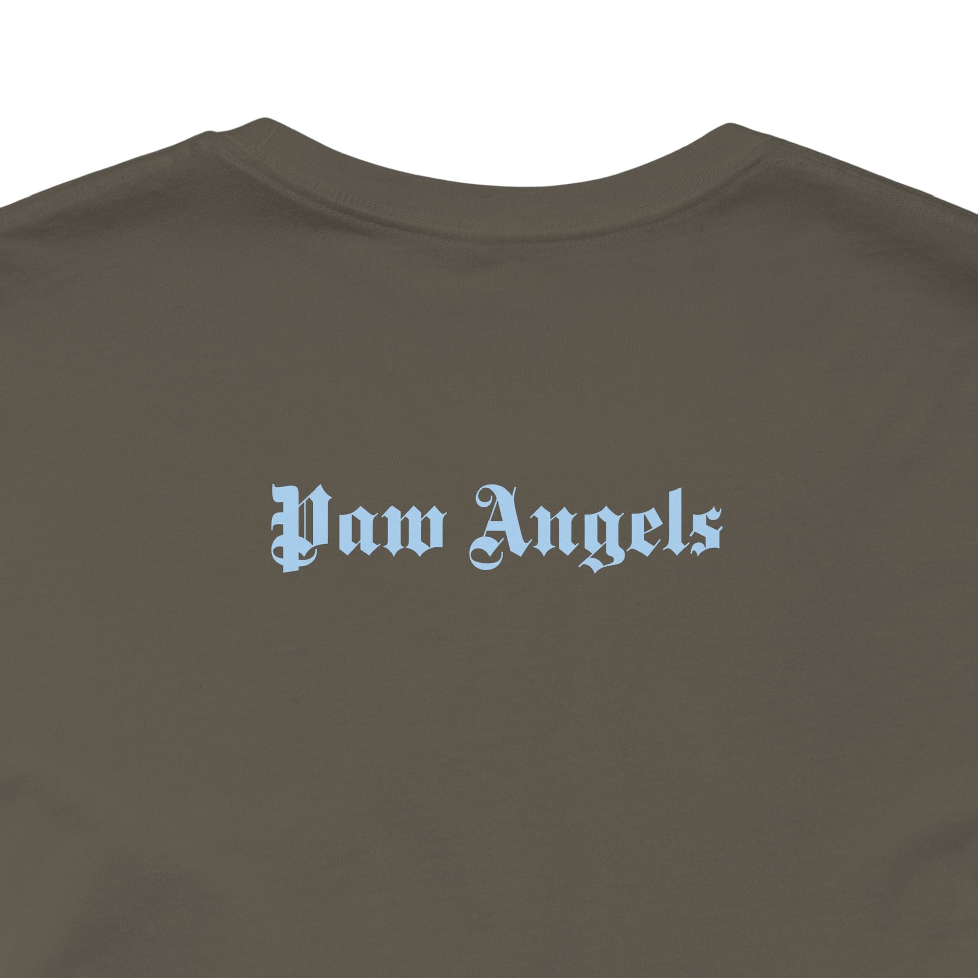 Blue Paw Angels script back print on army t-shirt with – cat shirts men

