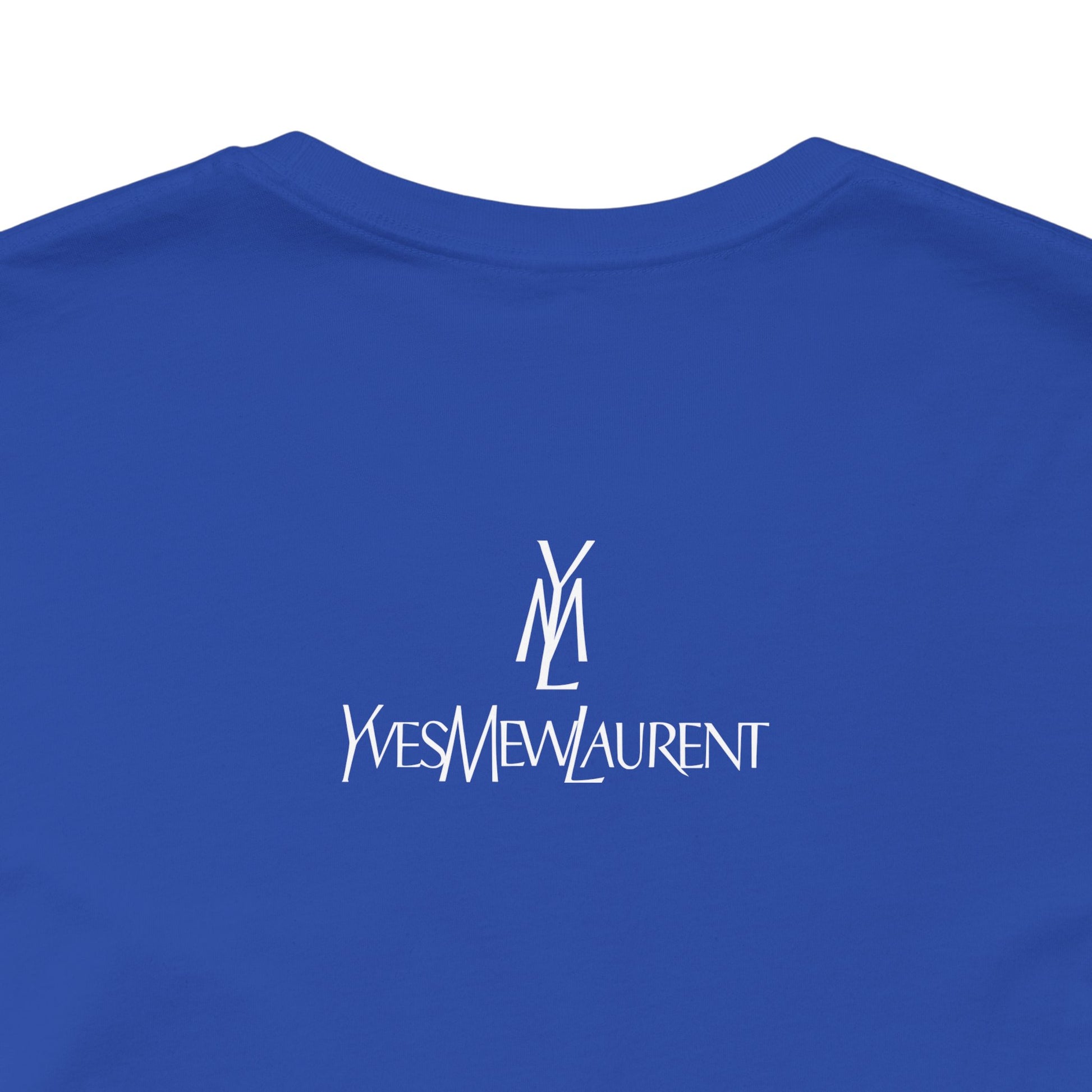 back view logo detail, blue cats t shirt, simple design