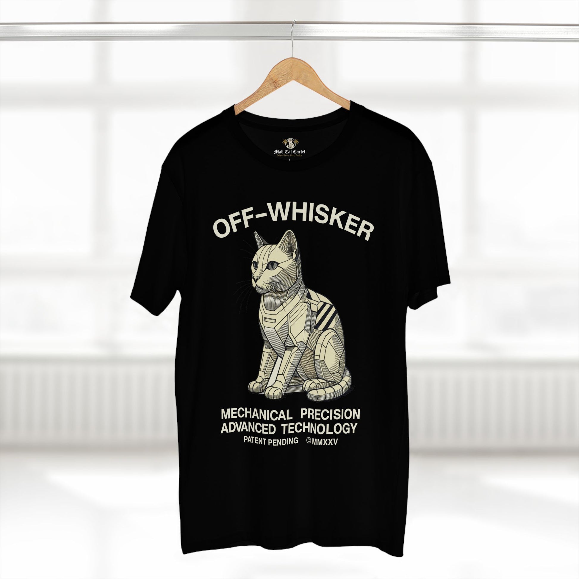 Black Off-Whisker Gen-01 Mech Cat tee on hanger – unique gifts for cat lovers, unisex