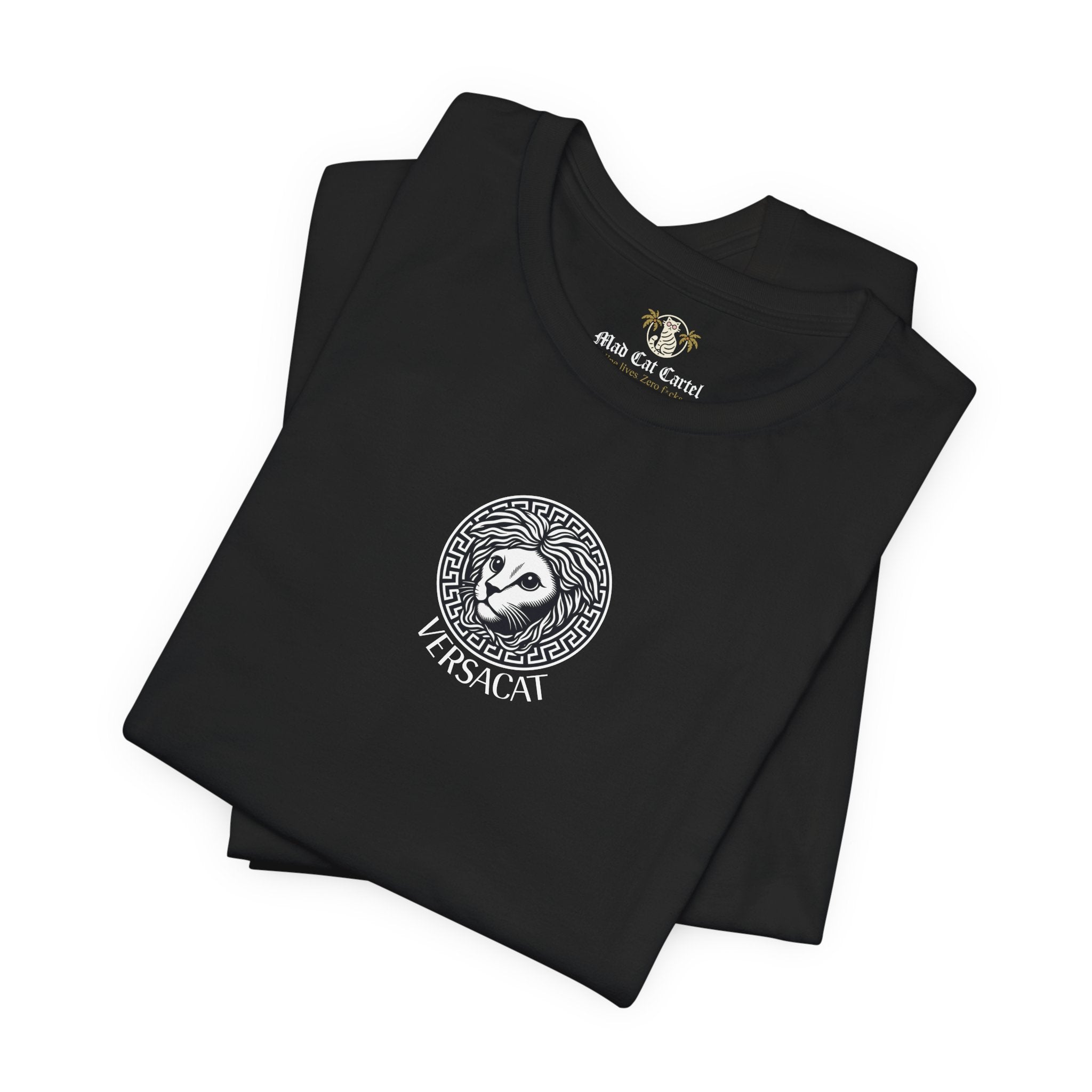 Folded black Versacat Imperial Emblem cat lover t shirt – unisex cool cat tee for casual wear