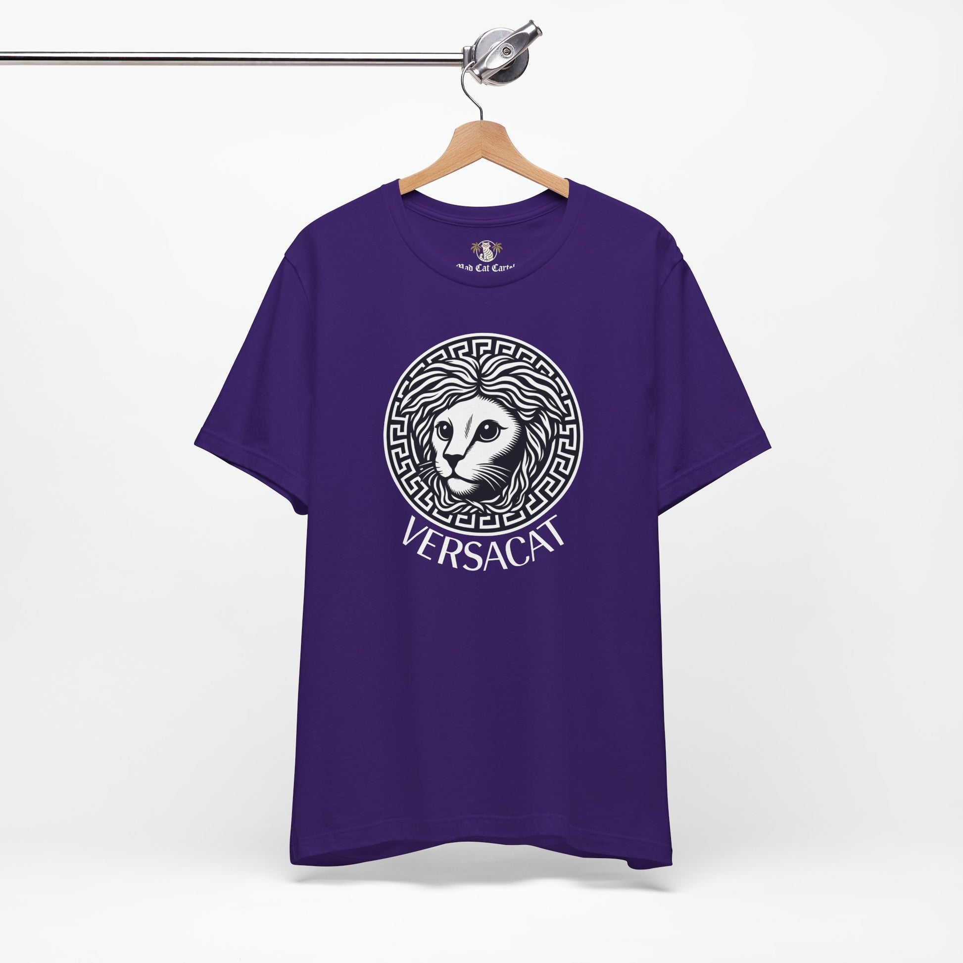 Purple Versacat Medusa cat emblem t shirt on hanger
