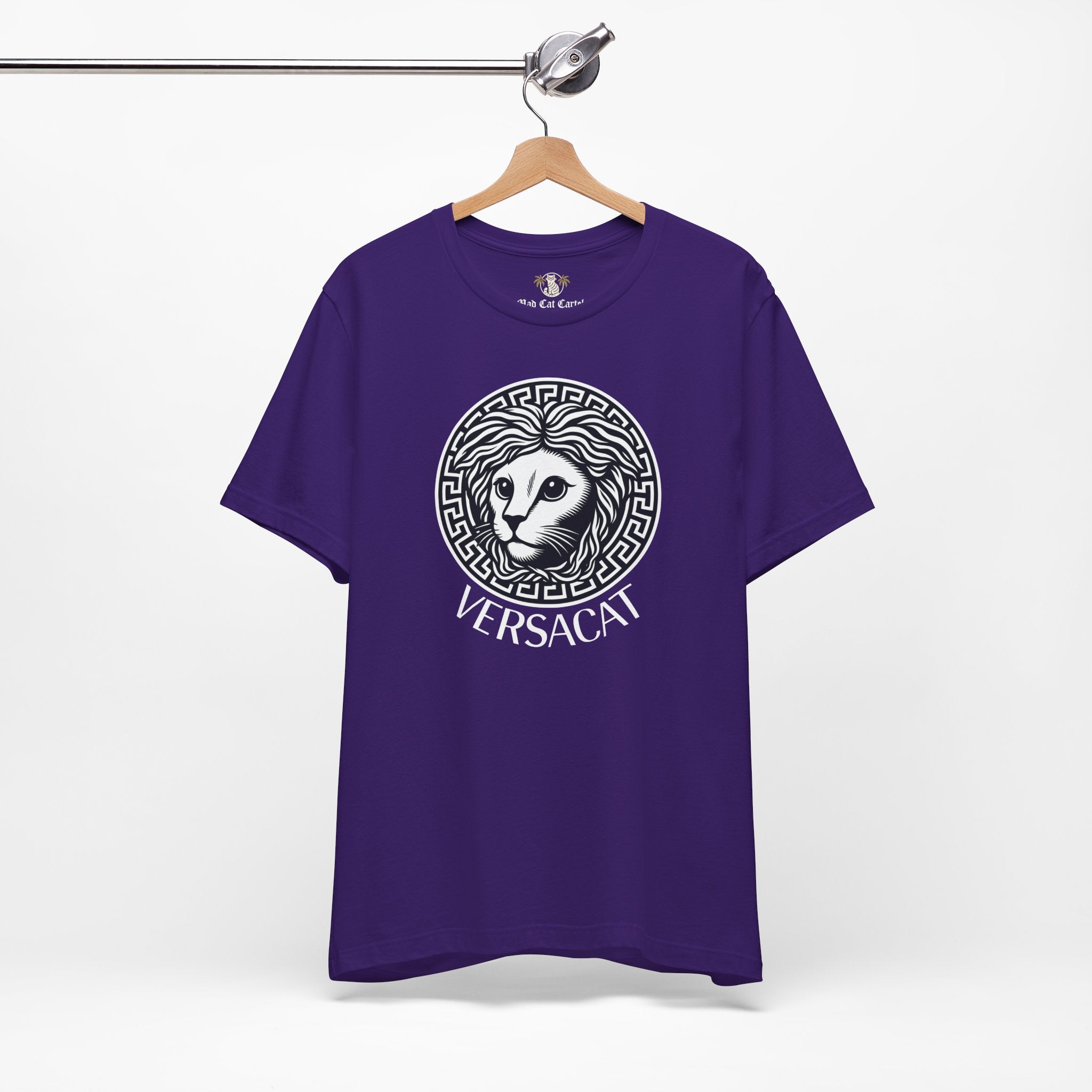 Purple Versacat Medusa cat emblem t shirt on hanger