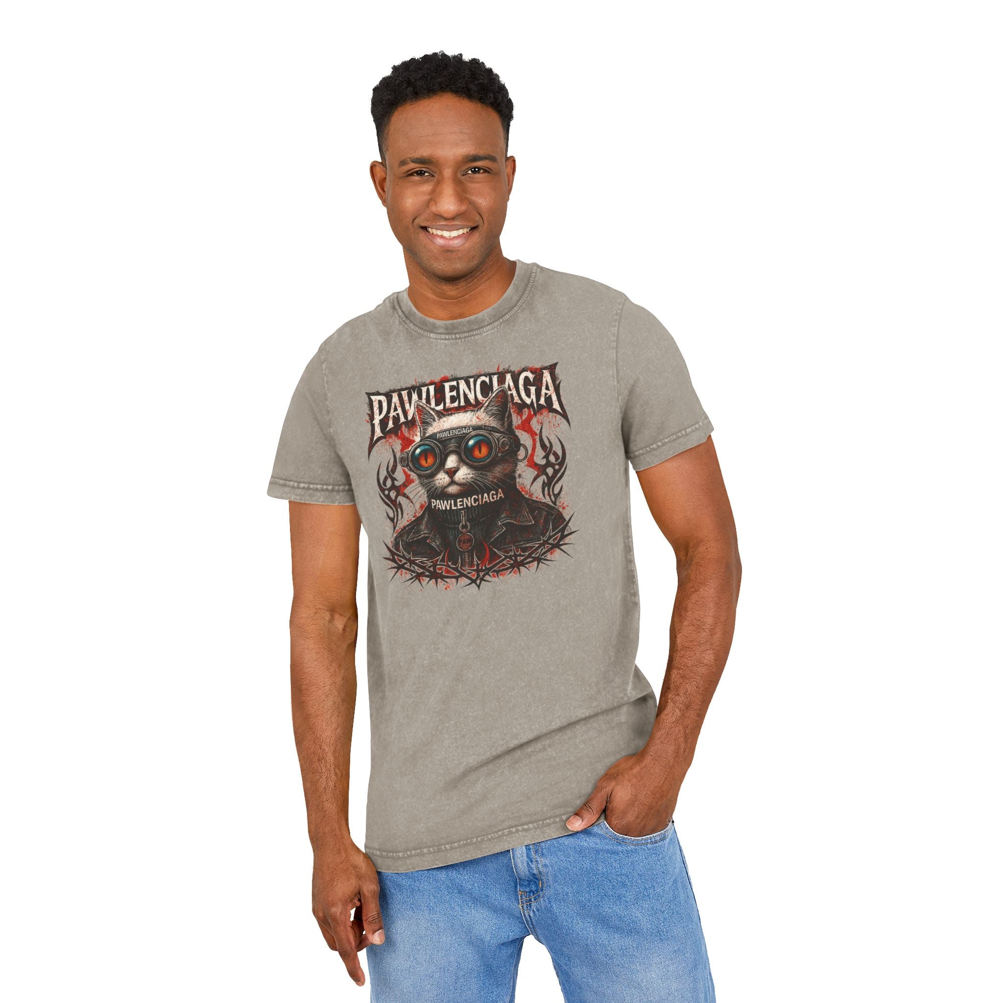 Pawlenciaga apocalypse cat khaki acid washed t shirt, male model front view