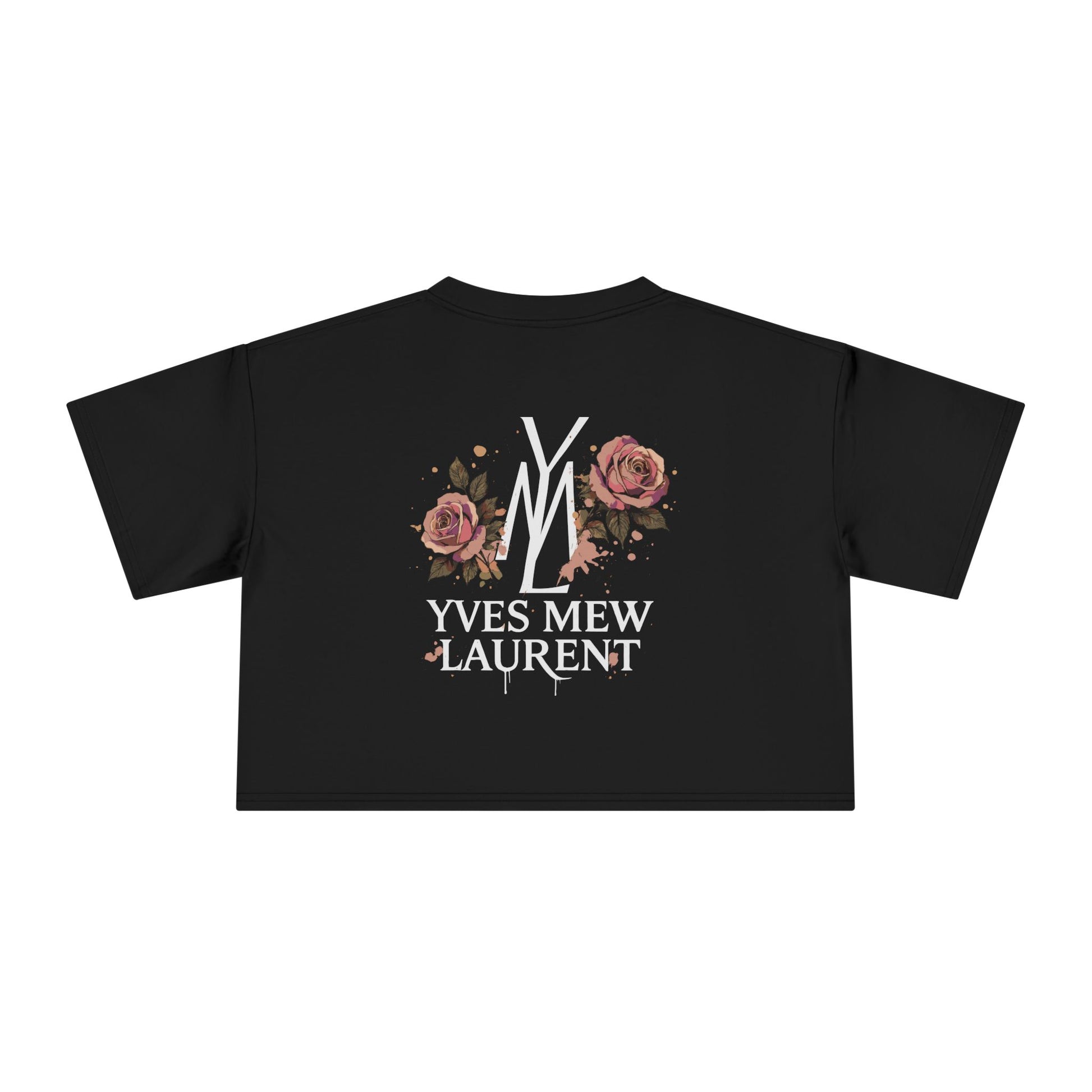 back view of Yves Mew Laurent black cat crop top, floral rose detail