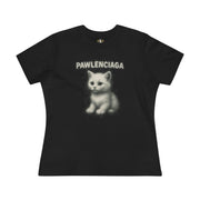 Pawlenciaga White Aura Kitty Graphic Women's Black T Shirt, black graphic t-shirt, front view