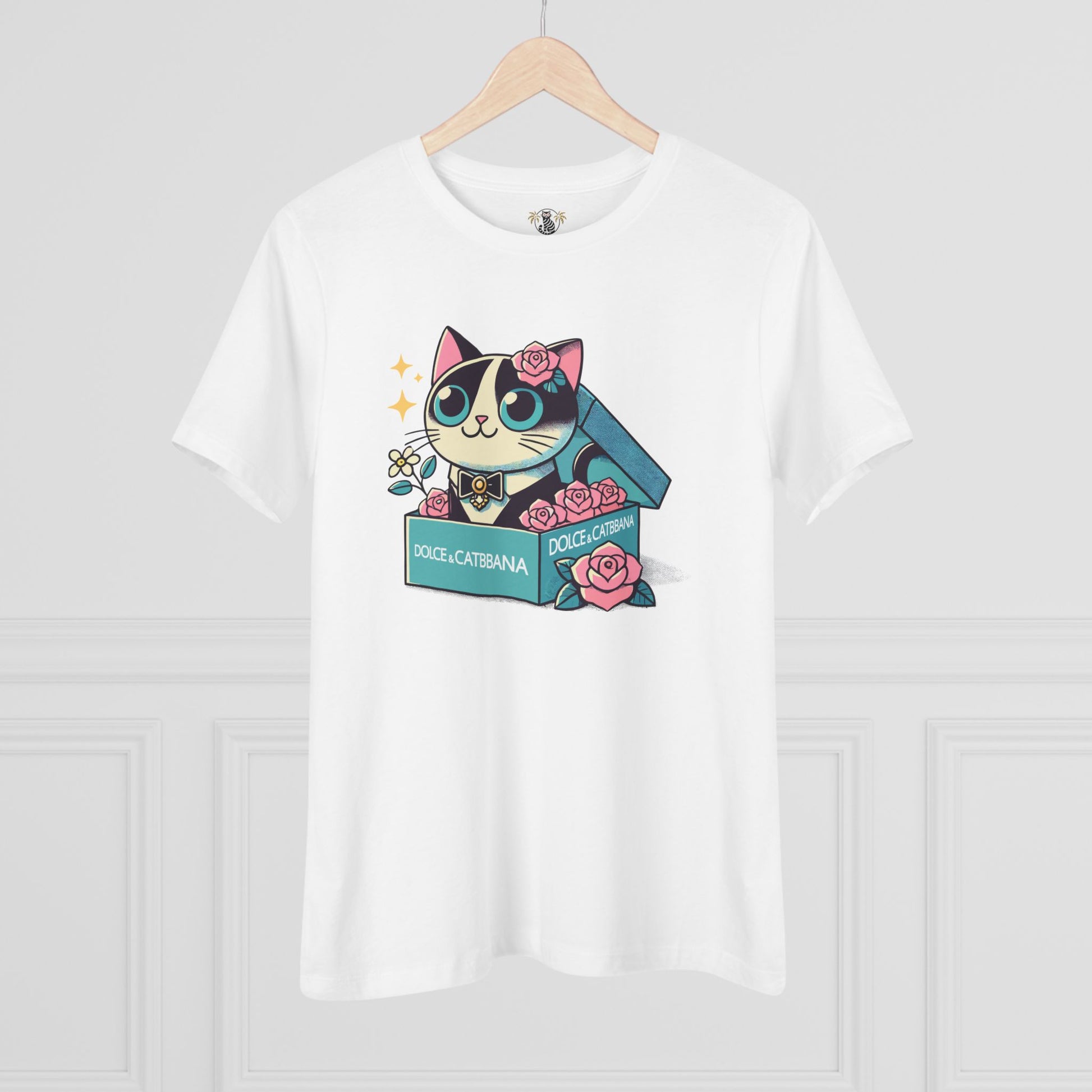 White Dolce & Catbana Rose Box cat print clothing hanging front view