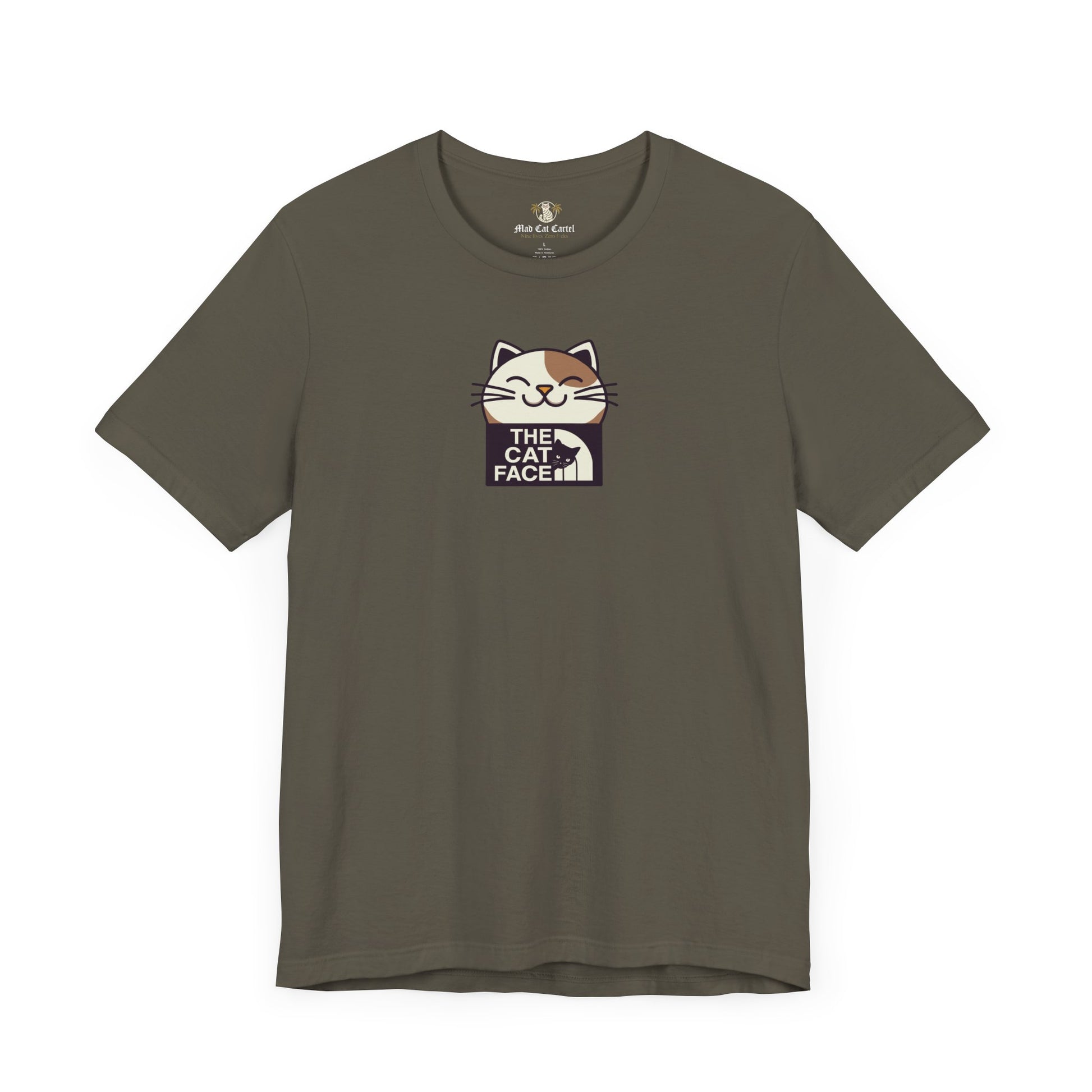 The Cat Face Winking Cat Logo Graphic T-Shirt Army – unisex clothes with cats on them front flat lay