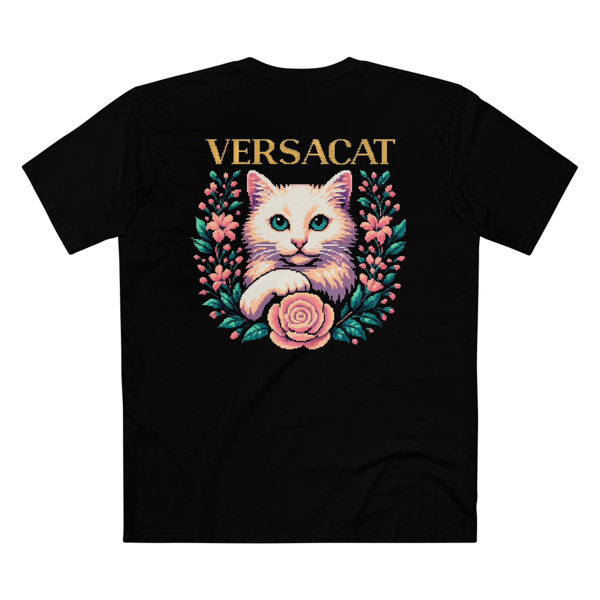 back view of Versacat black graphic tee, floral cat artwork with pixel bloom design