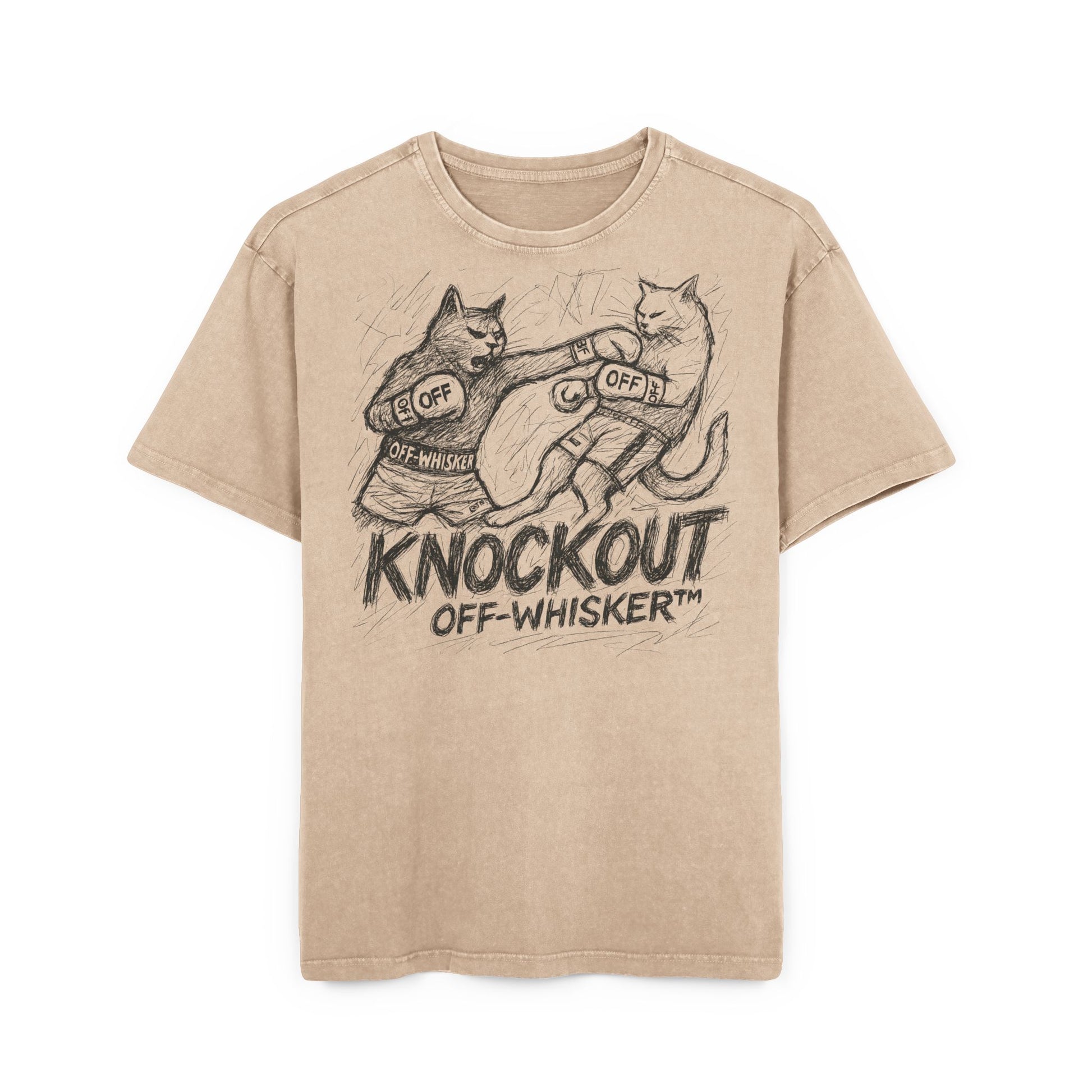 Off-Whisker Cat Knockout Acid Washed Oversized T-Shirt Union Beige, black cat tee front view