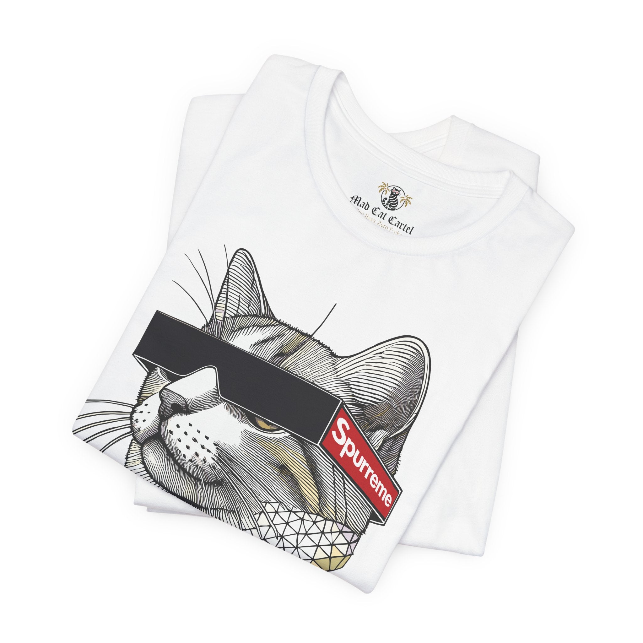 White Spurreme Triangular Vision Cat Graphic T-Shirt folded flat – men's cat shirt