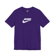 Cat t shirt for men and women – team purple unisex tee, front view, white Meowke chest swoosh logo