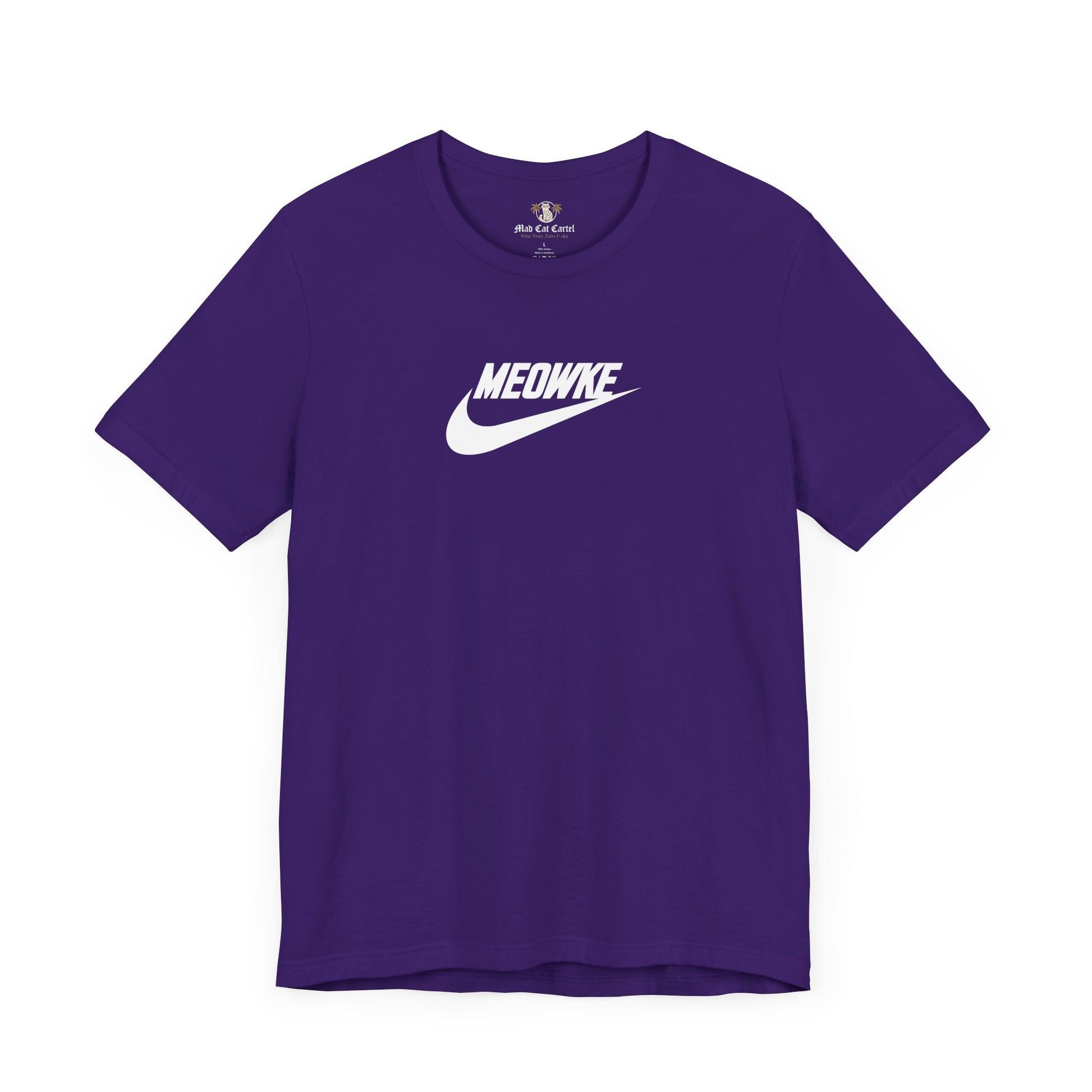 Cat t shirt for men and women – team purple unisex tee, front view, white Meowke chest swoosh logo