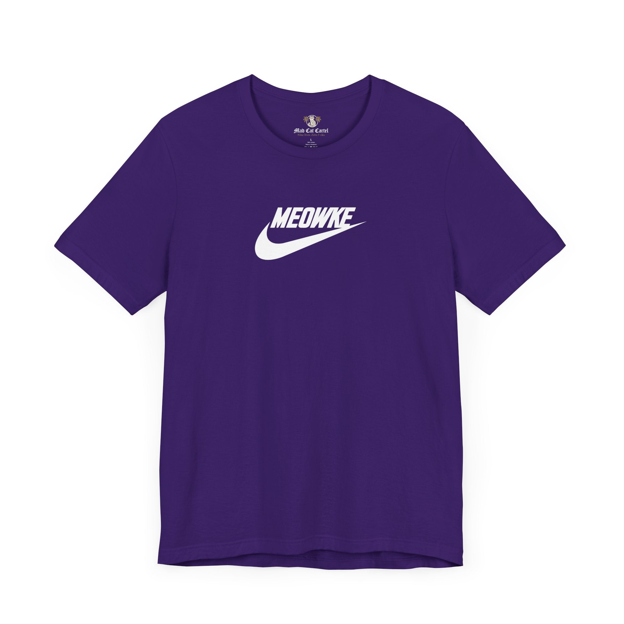 Cat t shirt for men and women – team purple unisex tee, front view, white Meowke chest swoosh logo