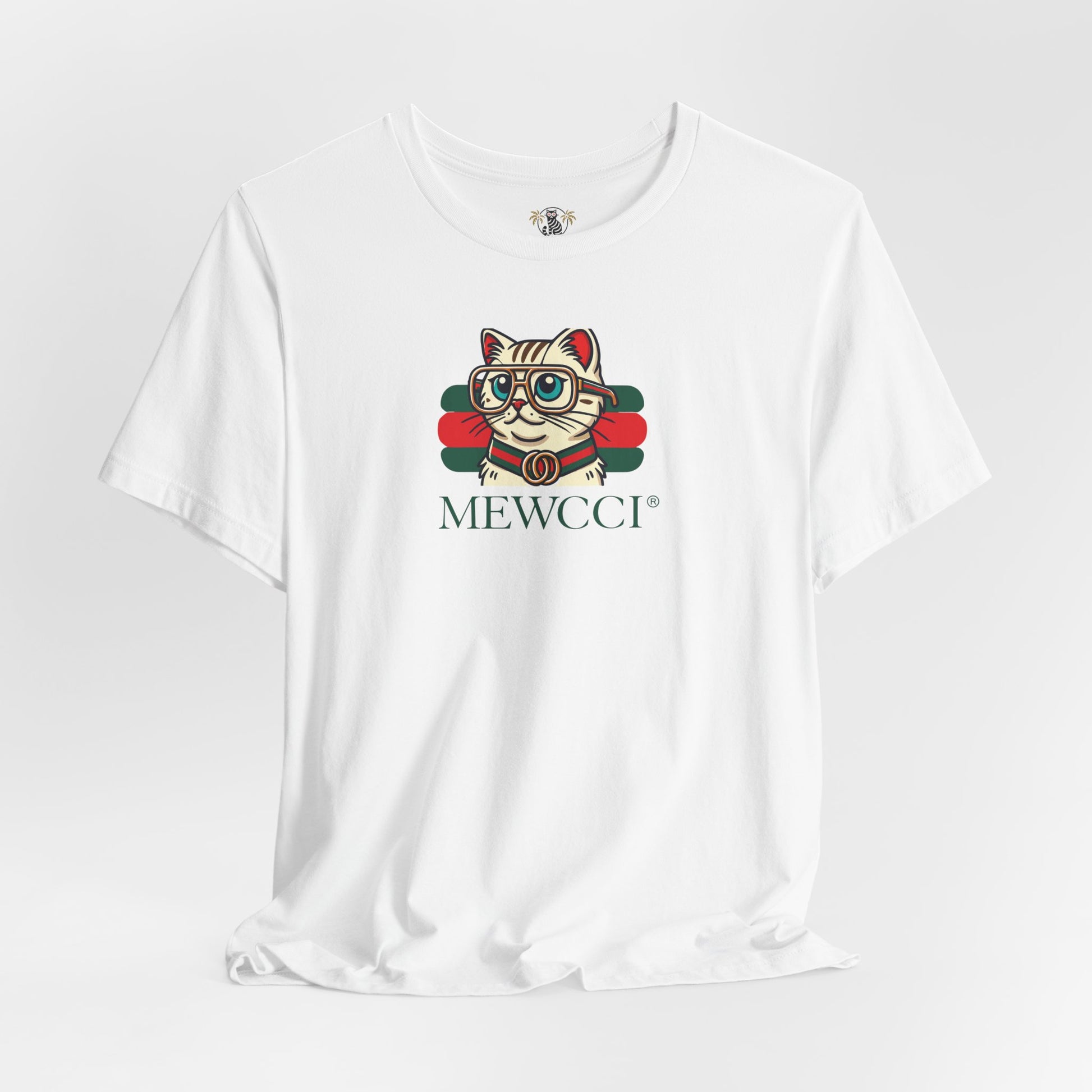 Mewcci Luxe Label Graphic Cat Graphic T-Shirt in White on hanger – hilarious cat shirts, cat on a shirt