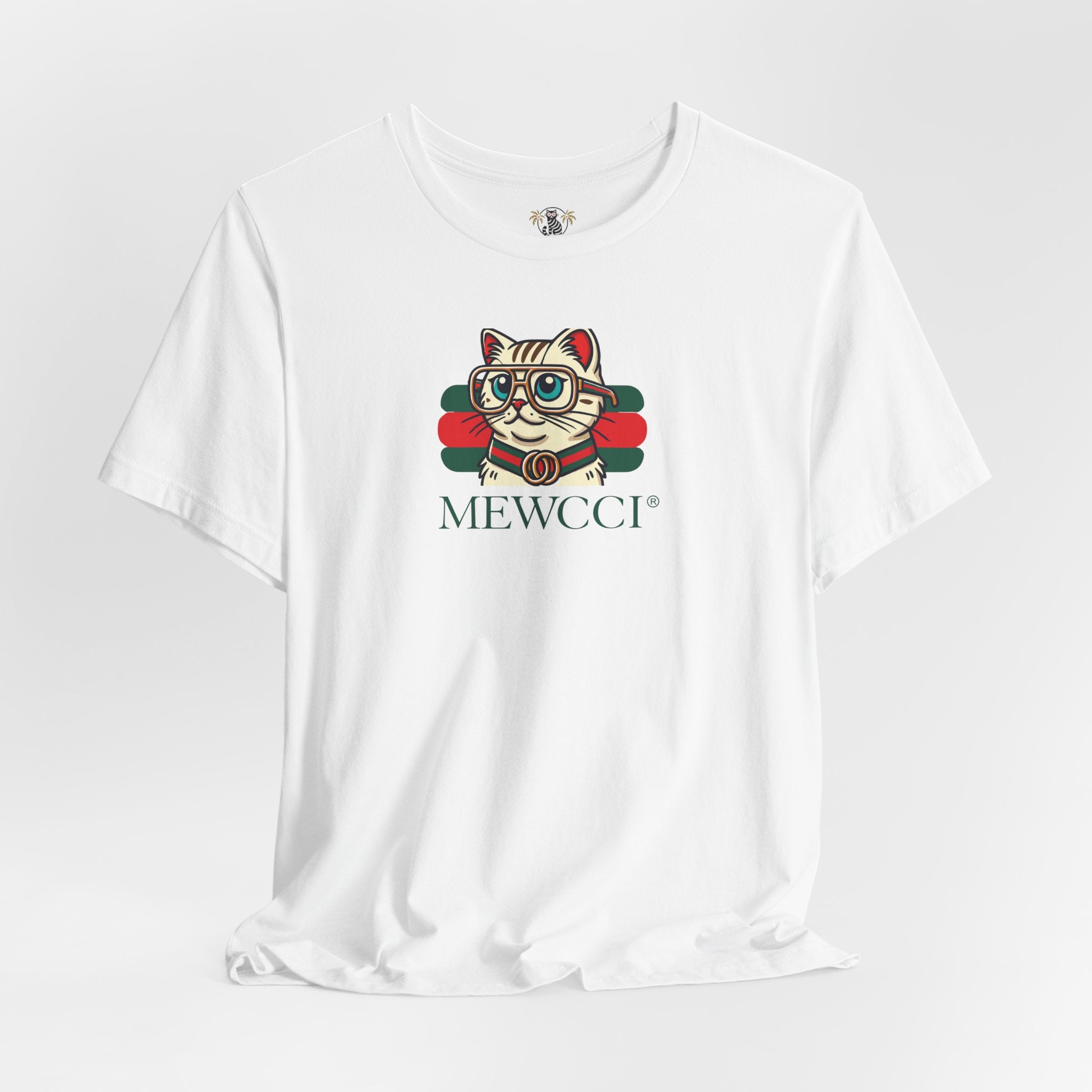 Mewcci Luxe Label Graphic Cat Graphic T-Shirt in White on hanger – hilarious cat shirts, cat on a shirt