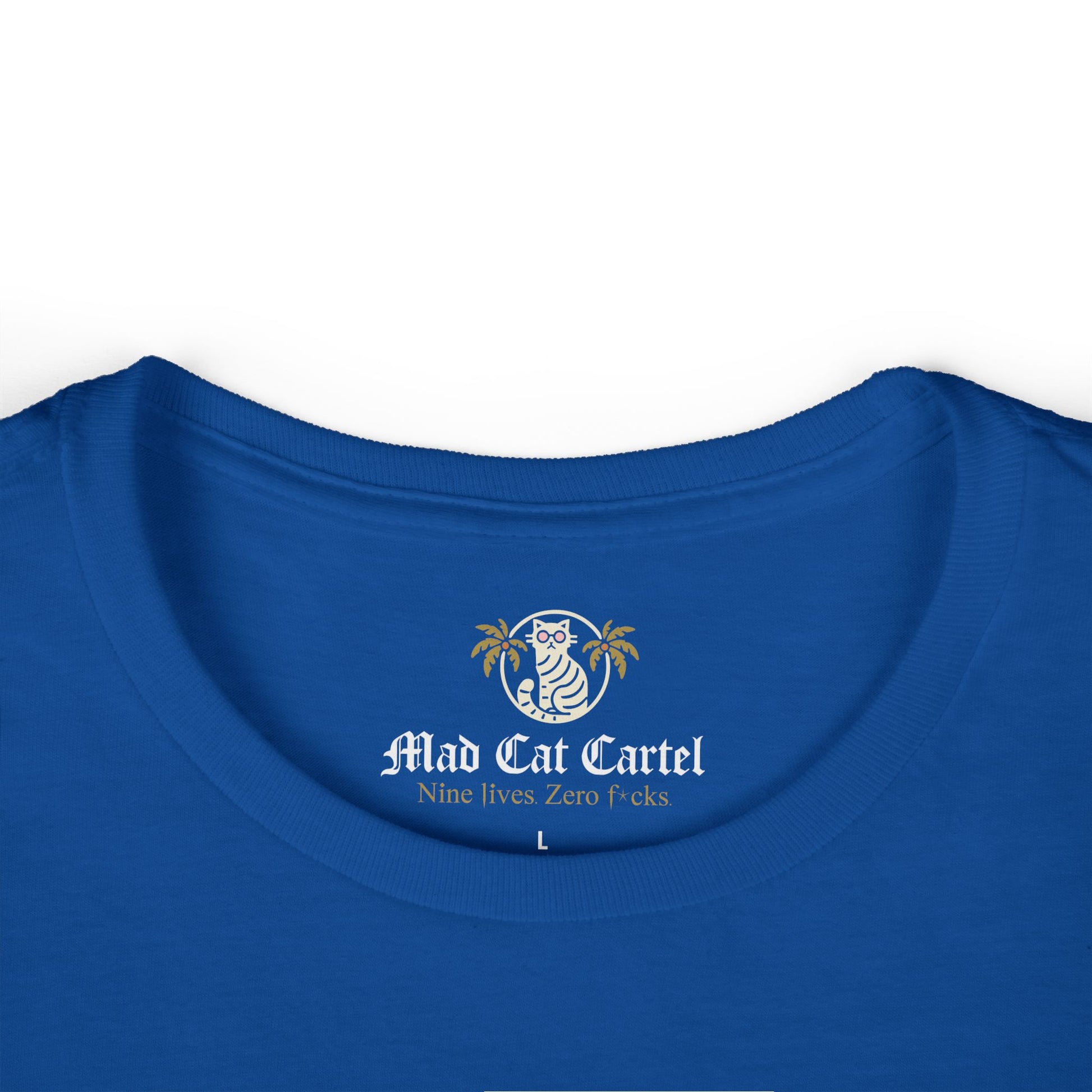Royal Blue cat lover t shirts neckline folded detail